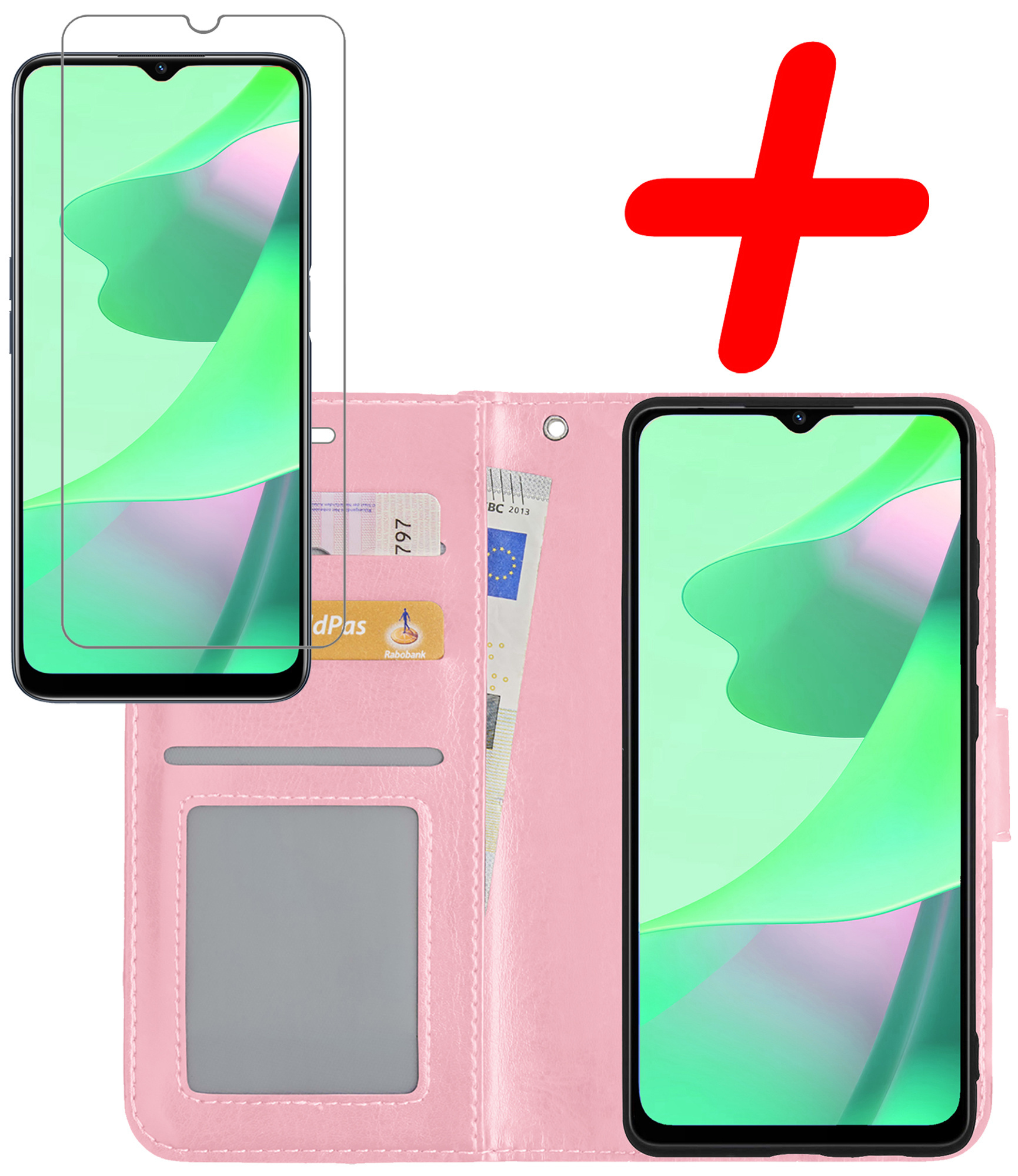 BASEY. Hoes Geschikt voor OPPO A16s Hoesje Bookcase Hoes Flip Case Book Cover Met Screenprotector - Hoesje Geschikt voor OPPO A16s Hoes Book Case Hoesje - Lichtroze
