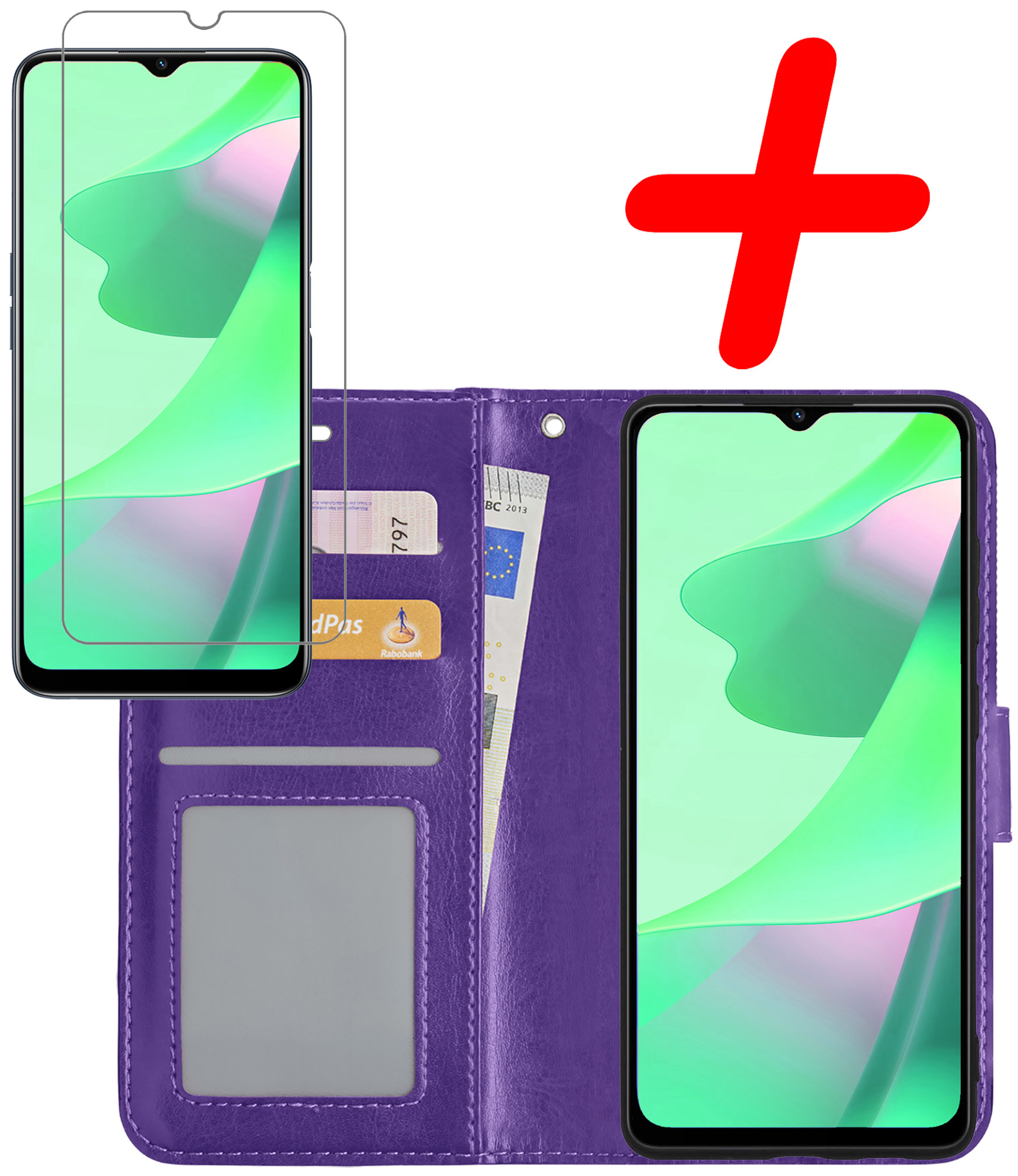 BASEY. Hoes Geschikt voor OPPO A16s Hoesje Bookcase Hoes Flip Case Book Cover Met Screenprotector - Hoesje Geschikt voor OPPO A16s Hoes Book Case Hoesje - Paars