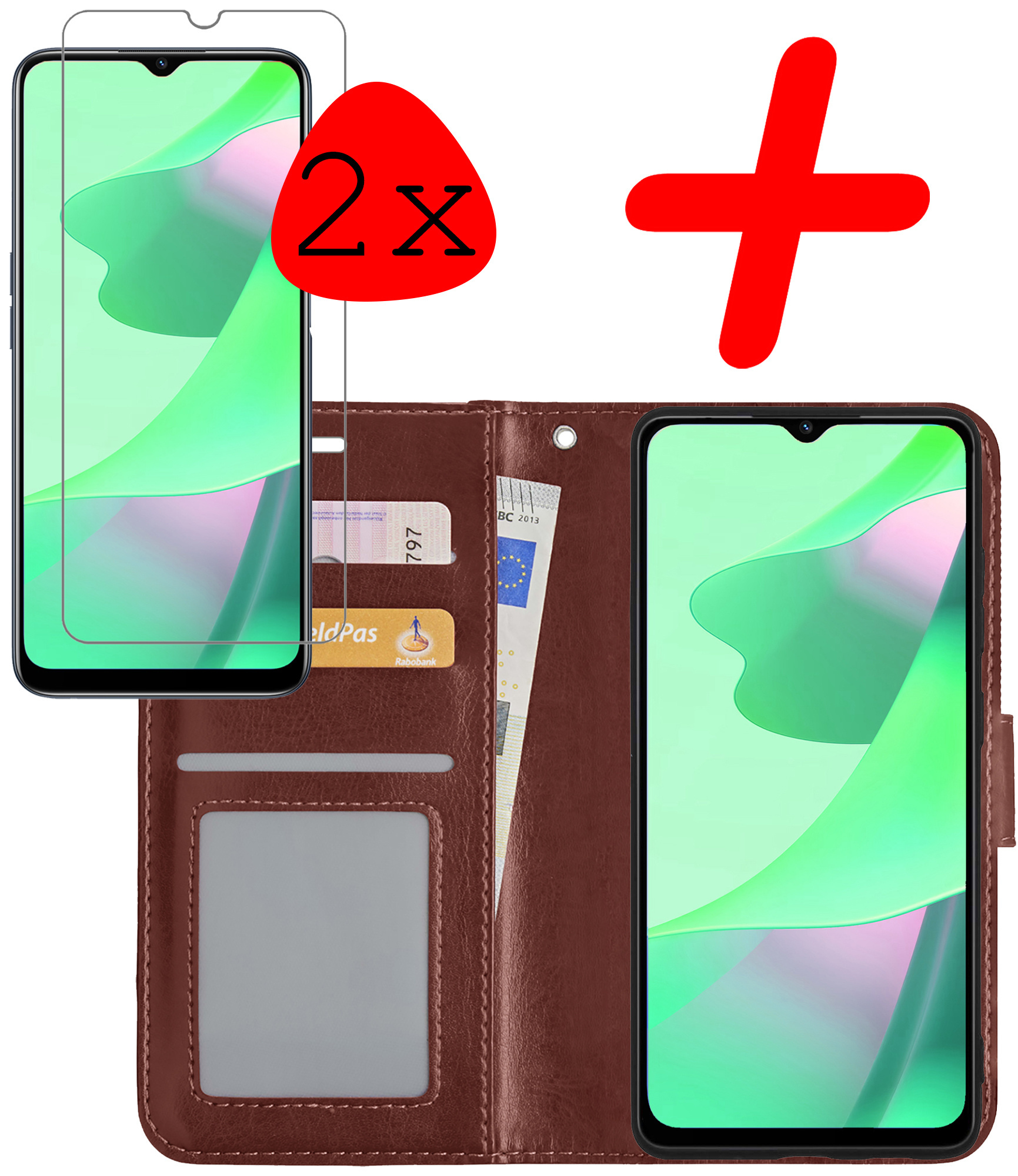 BASEY. Hoes Geschikt voor OPPO A16s Hoesje Bookcase Hoes Flip Case Book Cover Met 2x Screenprotector - Hoesje Geschikt voor OPPO A16s Hoes Book Case Hoesje - Bruin