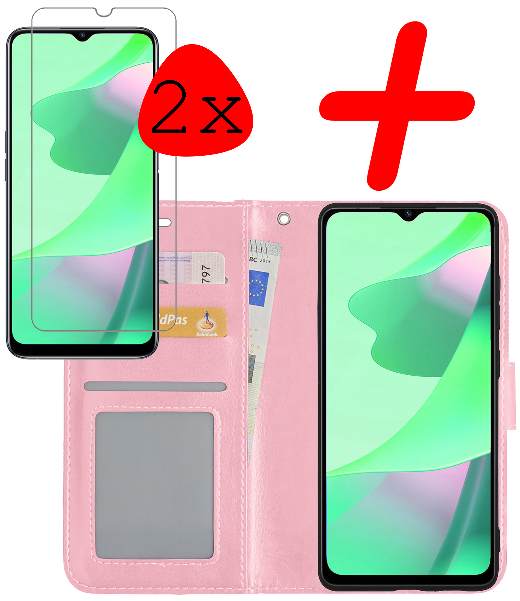BASEY. Hoes Geschikt voor OPPO A16s Hoesje Bookcase Hoes Flip Case Book Cover Met 2x Screenprotector - Hoesje Geschikt voor OPPO A16s Hoes Book Case Hoesje - Lichtroze