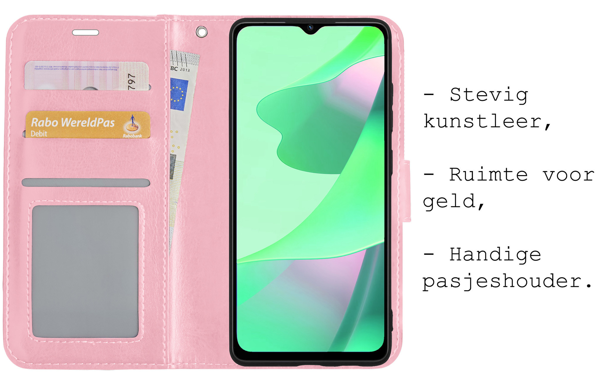 BASEY. Hoes Geschikt voor OPPO A16s Hoesje Bookcase Hoes Flip Case Book Cover Met 2x Screenprotector - Hoesje Geschikt voor OPPO A16s Hoes Book Case Hoesje - Lichtroze