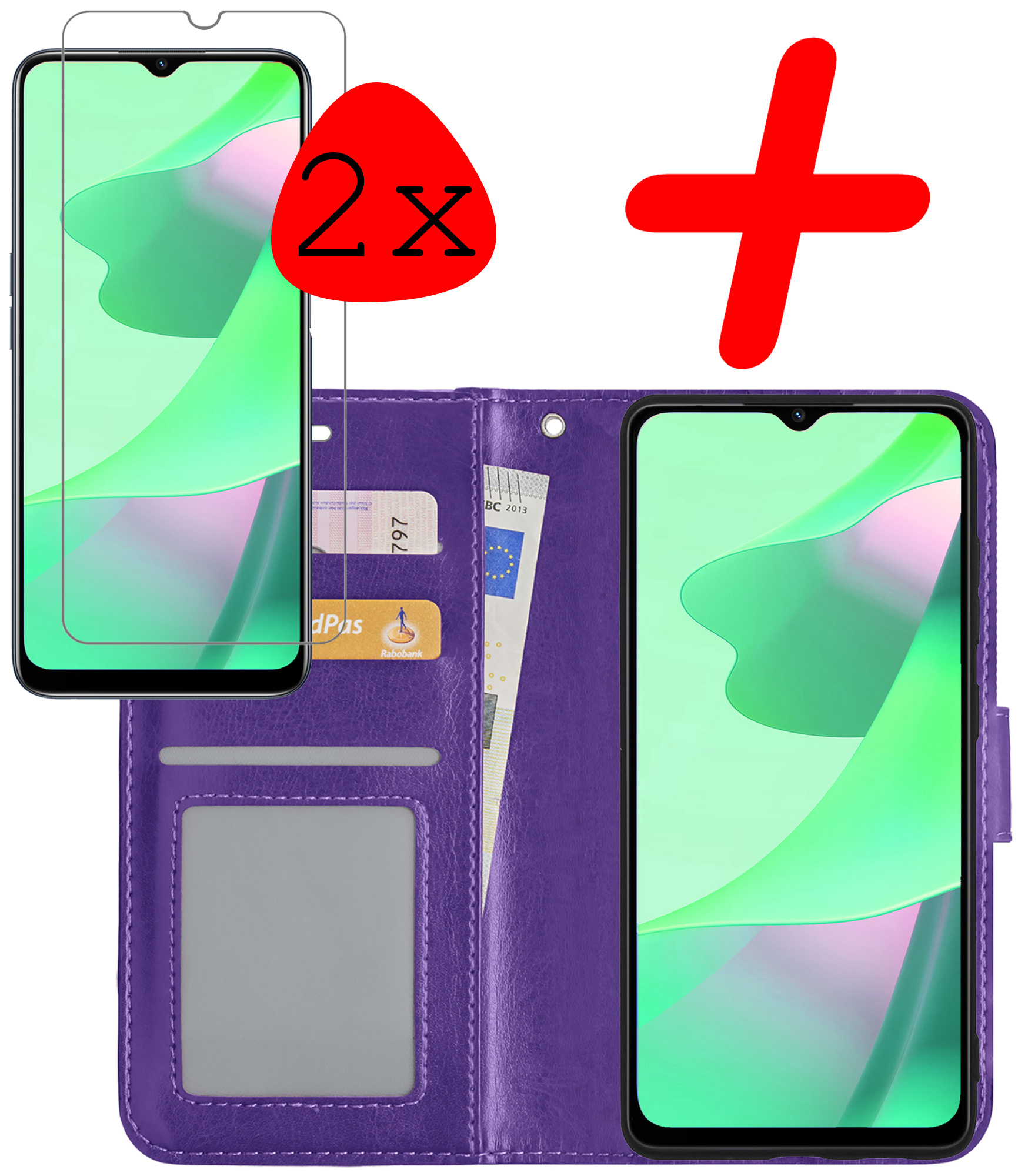 BASEY. OPPO A16s Hoesje Bookcase 2x Screenprotector - OPPO A16s Case Hoes Cover - OPPO A16s Screenprotector 2x - Paars