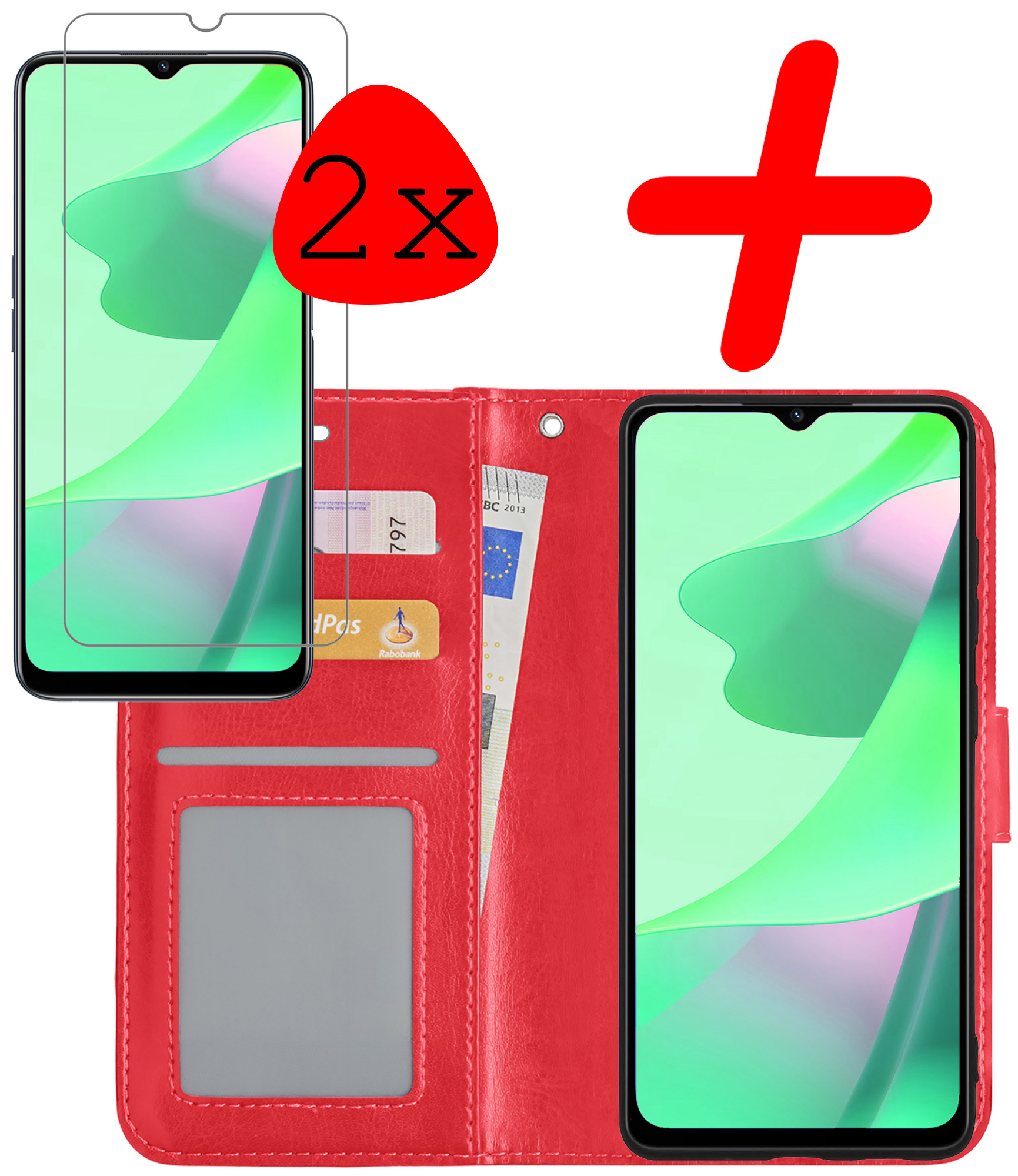 BASEY. Hoes Geschikt voor OPPO A16s Hoesje Bookcase Hoes Flip Case Book Cover Met 2x Screenprotector - Hoesje Geschikt voor OPPO A16s Hoes Book Case Hoesje - Rood