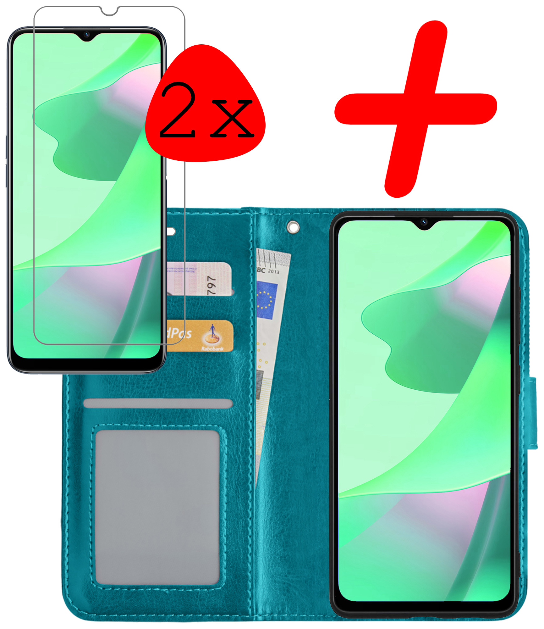 BASEY. Hoes Geschikt voor OPPO A16s Hoesje Bookcase Hoes Flip Case Book Cover Met 2x Screenprotector - Hoesje Geschikt voor OPPO A16s Hoes Book Case Hoesje - Turquoise