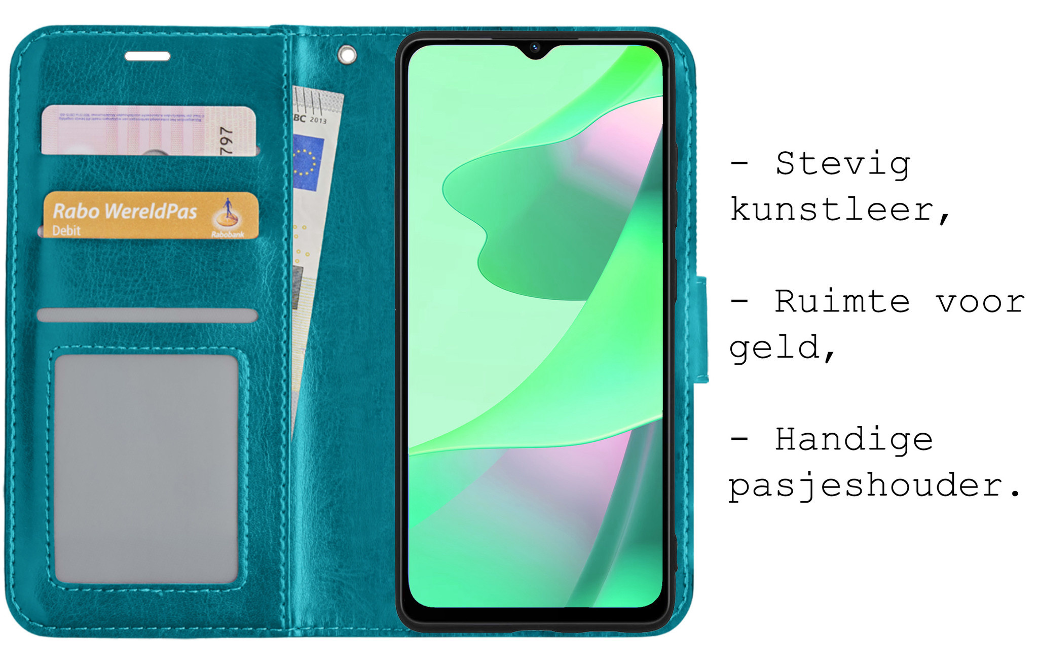 BASEY. Hoes Geschikt voor OPPO A16s Hoesje Bookcase Hoes Flip Case Book Cover Met 2x Screenprotector - Hoesje Geschikt voor OPPO A16s Hoes Book Case Hoesje - Turquoise