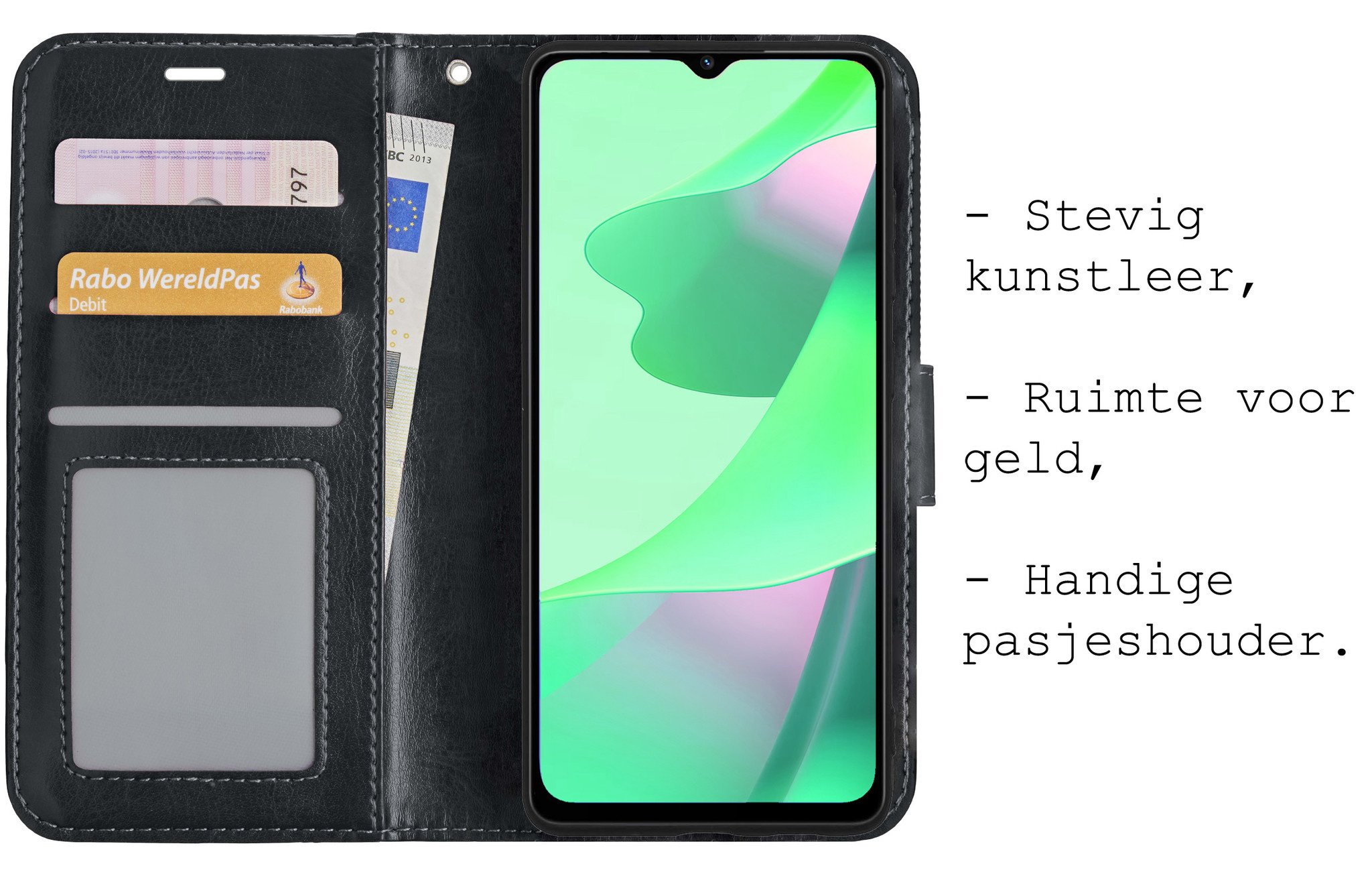 BASEY. Hoes Geschikt voor OPPO A16s Hoesje Bookcase Hoes Flip Case Book Cover Met 2x Screenprotector - Hoesje Geschikt voor OPPO A16s Hoes Book Case Hoesje - Zwart