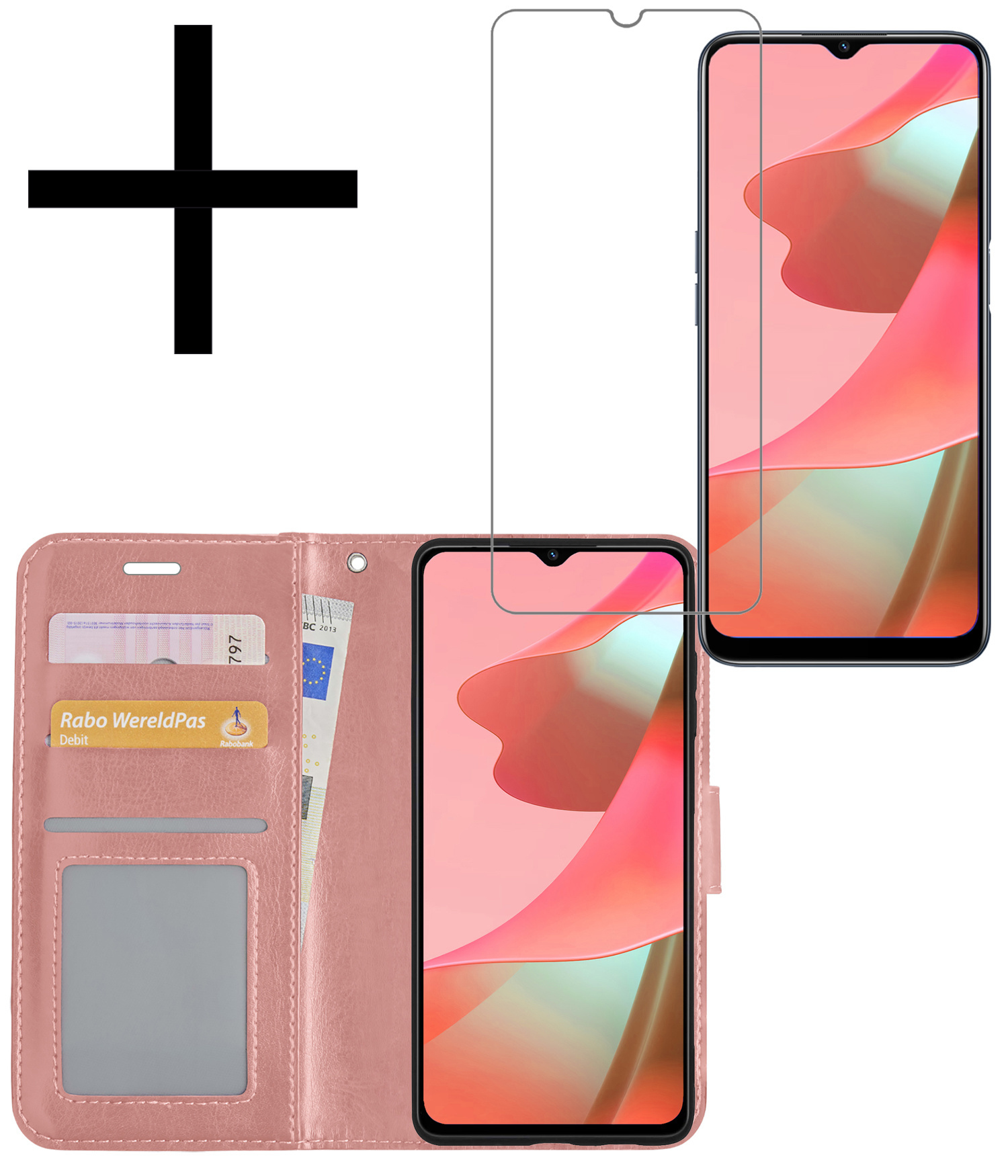 NoXx Hoes Geschikt voor OPPO A16s Hoesje Book Case Hoes Flip Cover Wallet Bookcase Met Screenprotector - Rosé goud