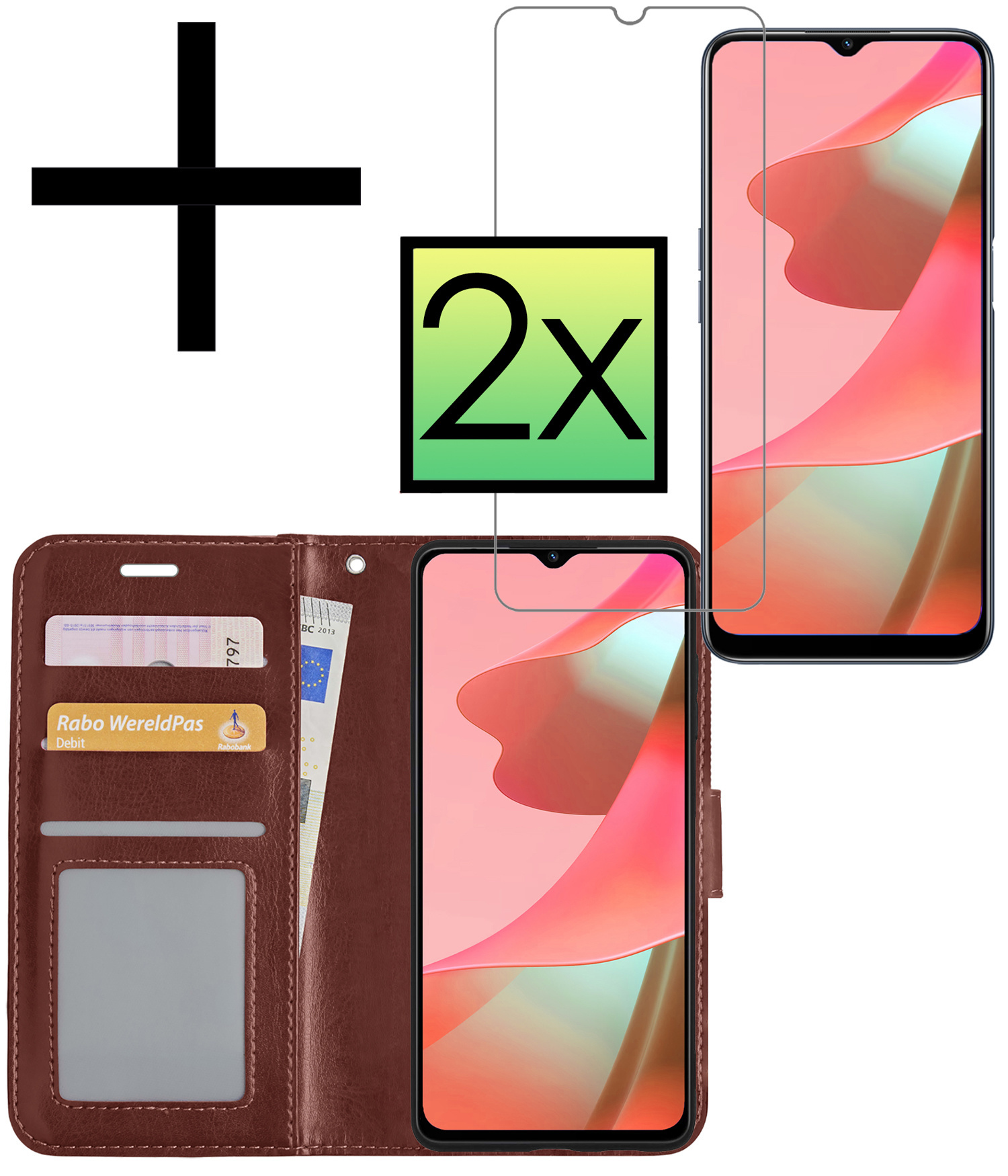 NoXx Hoes Geschikt voor OPPO A16s Hoesje Book Case Hoes Flip Cover Wallet Bookcase Met 2x Screenprotector - Bruin
