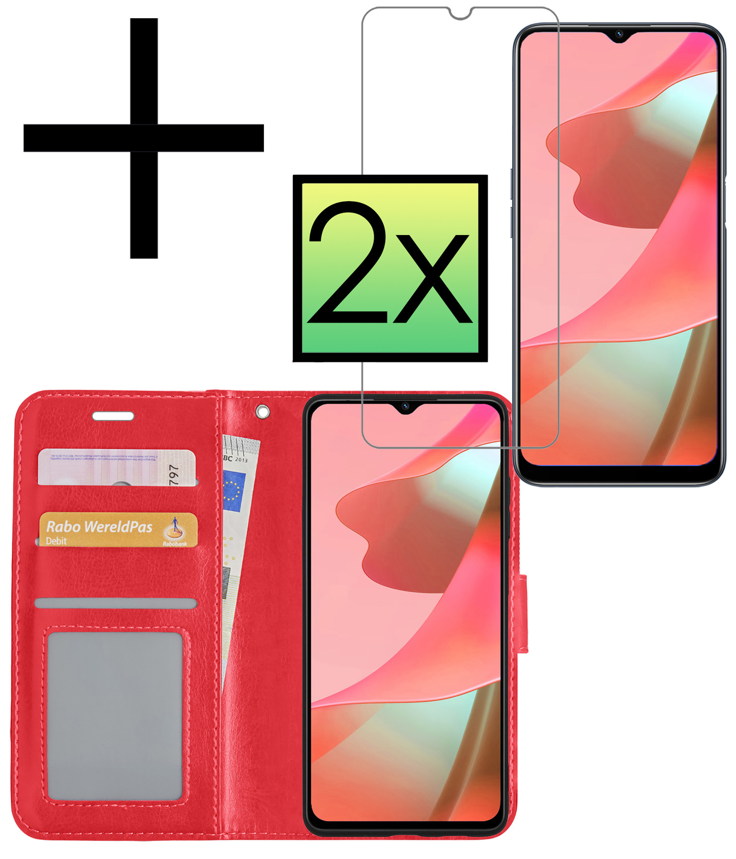 NoXx Hoes Geschikt voor OPPO A16s Hoesje Book Case Hoes Flip Cover Wallet Bookcase Met 2x Screenprotector - Rood