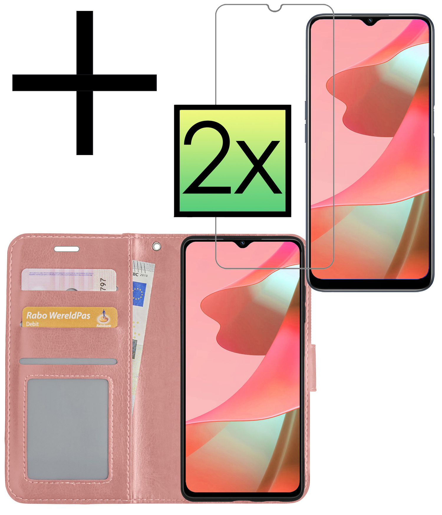NoXx Hoes Geschikt voor OPPO A16s Hoesje Book Case Hoes Flip Cover Wallet Bookcase Met 2x Screenprotector - Rosé goud