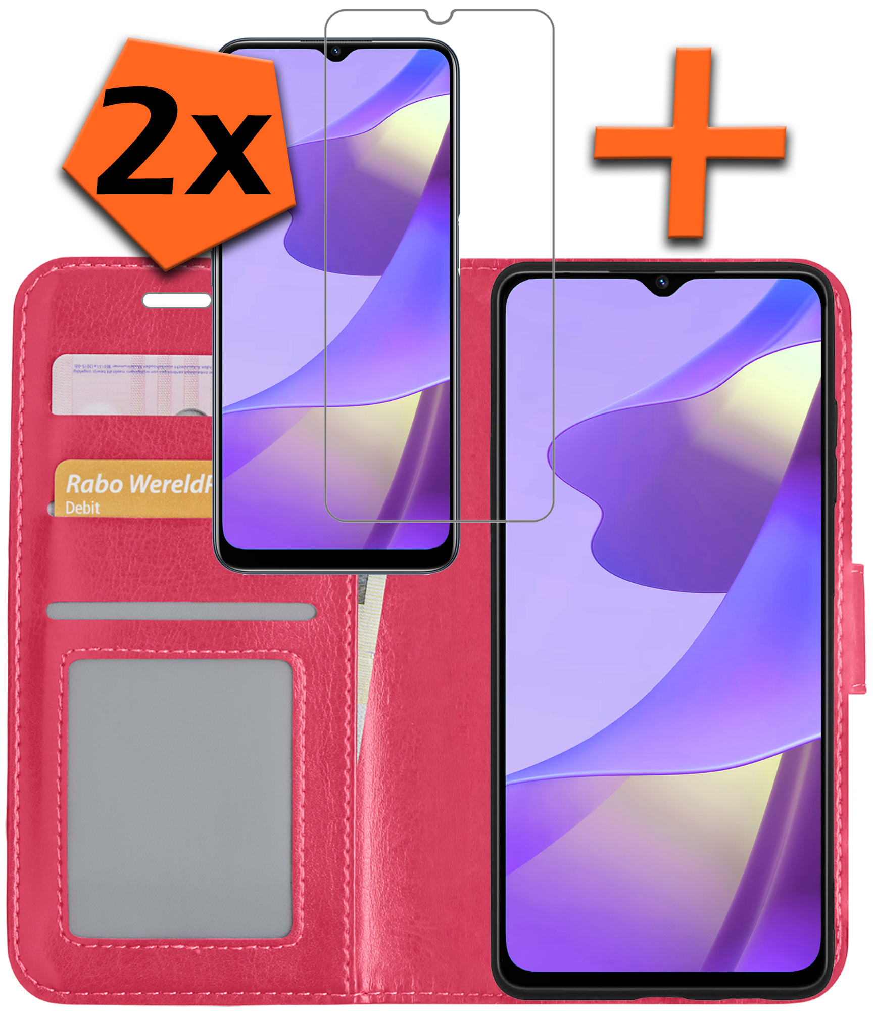 Nomfy Hoesje Geschikt voor OPPO A16s Hoes Bookcase Flipcase Book Cover Met 2x Screenprotector - Hoes Geschikt voor OPPO A16s Hoesje Book Case - Donkerroze