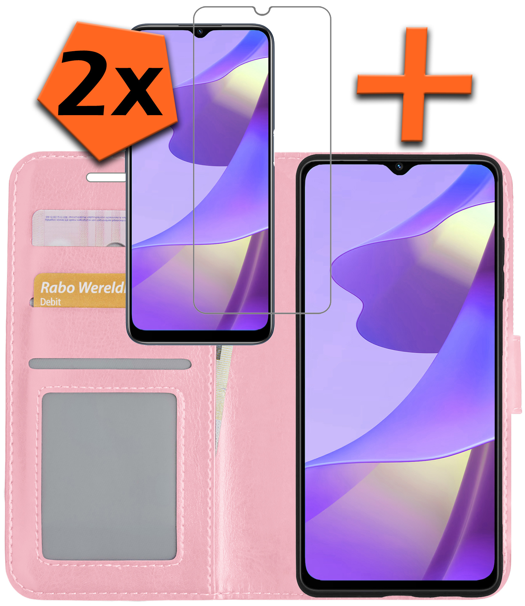 Nomfy Hoesje Geschikt voor OPPO A16s Hoes Bookcase Flipcase Book Cover Met 2x Screenprotector - Hoes Geschikt voor OPPO A16s Hoesje Book Case - Lichtroze