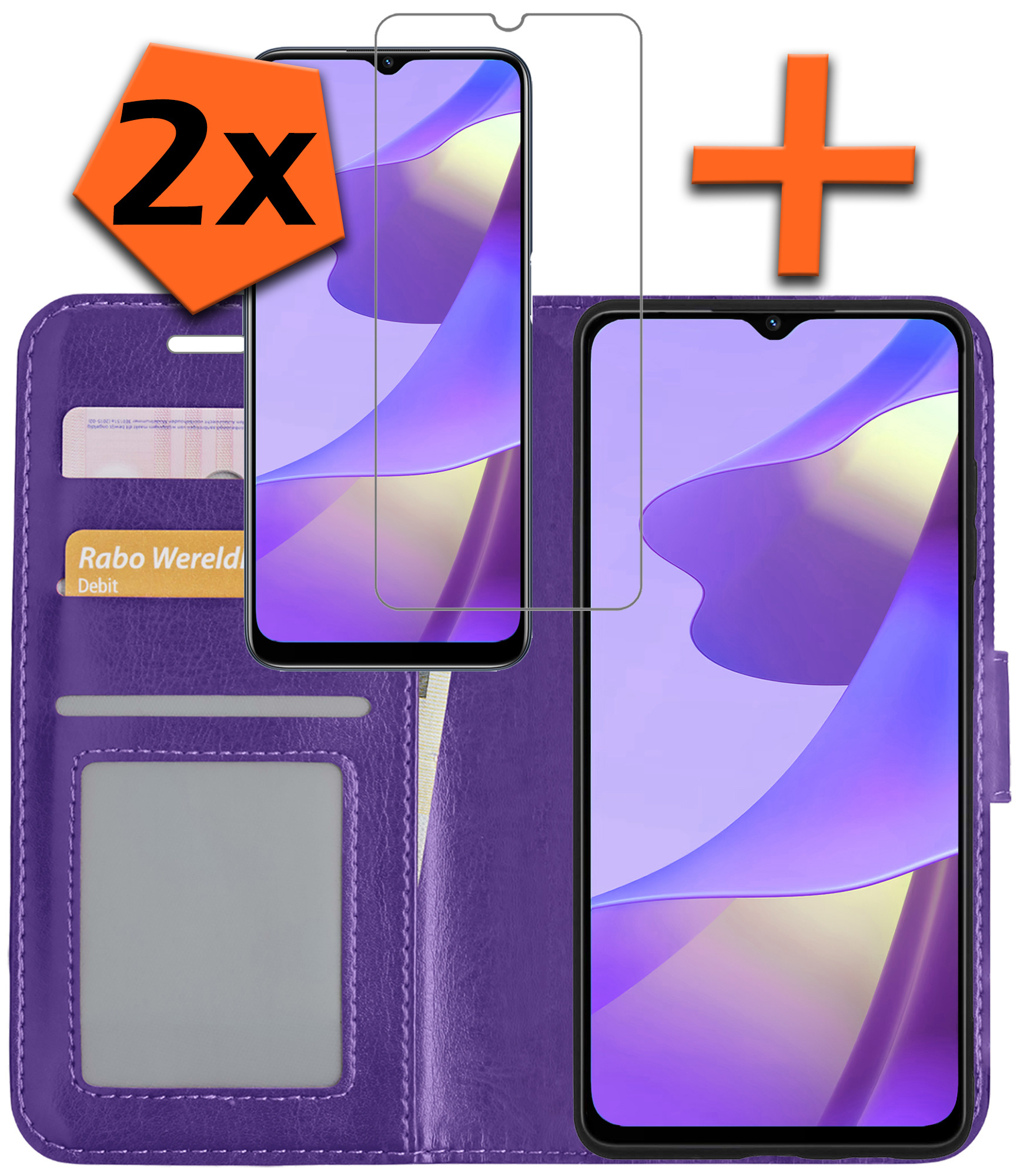 Nomfy Hoesje Geschikt voor OPPO A16s Hoes Bookcase Flipcase Book Cover Met 2x Screenprotector - Hoes Geschikt voor OPPO A16s Hoesje Book Case - Paars