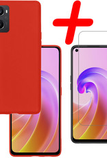 BASEY. Hoes Geschikt voor OPPO A76 Hoesje Siliconen Back Cover Case Met Screenprotector - Hoesje Geschikt voor OPPO A76 Hoes Cover Hoesje - Rood