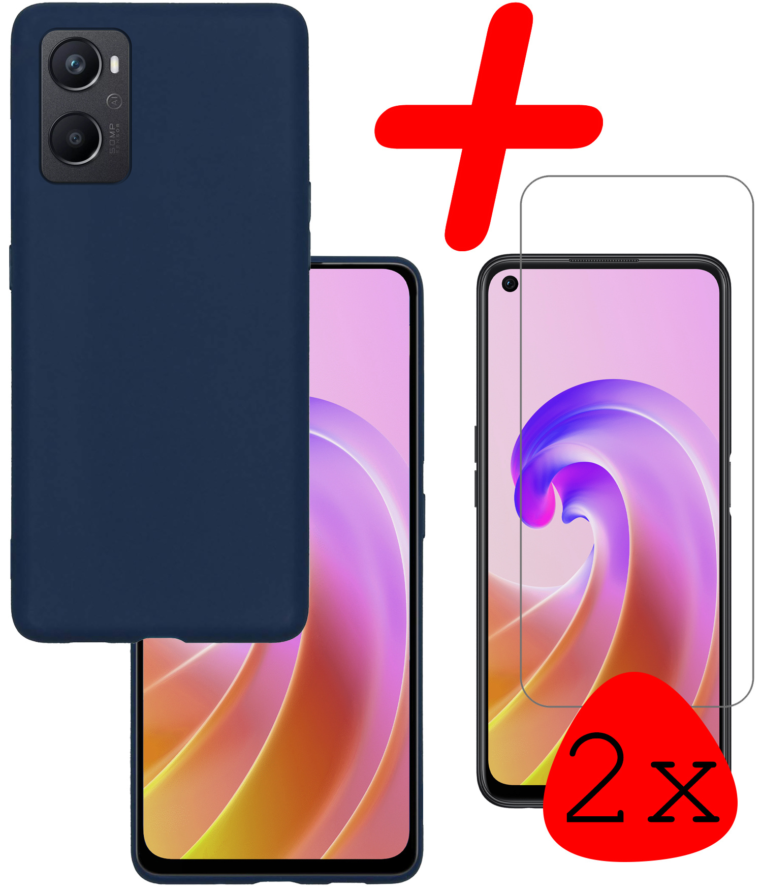 BASEY. Hoes Geschikt voor OPPO A76 Hoesje Siliconen Back Cover Case Met 2x Screenprotector - Hoesje Geschikt voor OPPO A76 Hoes Cover Hoesje - Donkerblauw