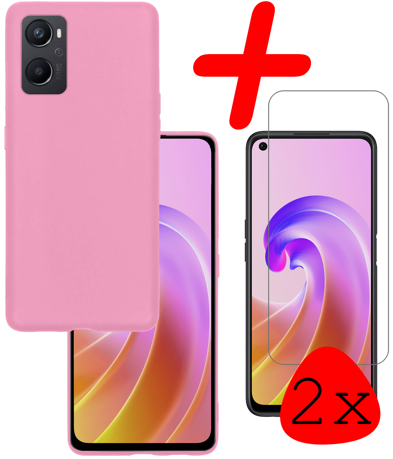 BASEY. Hoes Geschikt voor OPPO A76 Hoesje Siliconen Back Cover Case Met 2x Screenprotector - Hoesje Geschikt voor OPPO A76 Hoes Cover Hoesje - Lichtroze