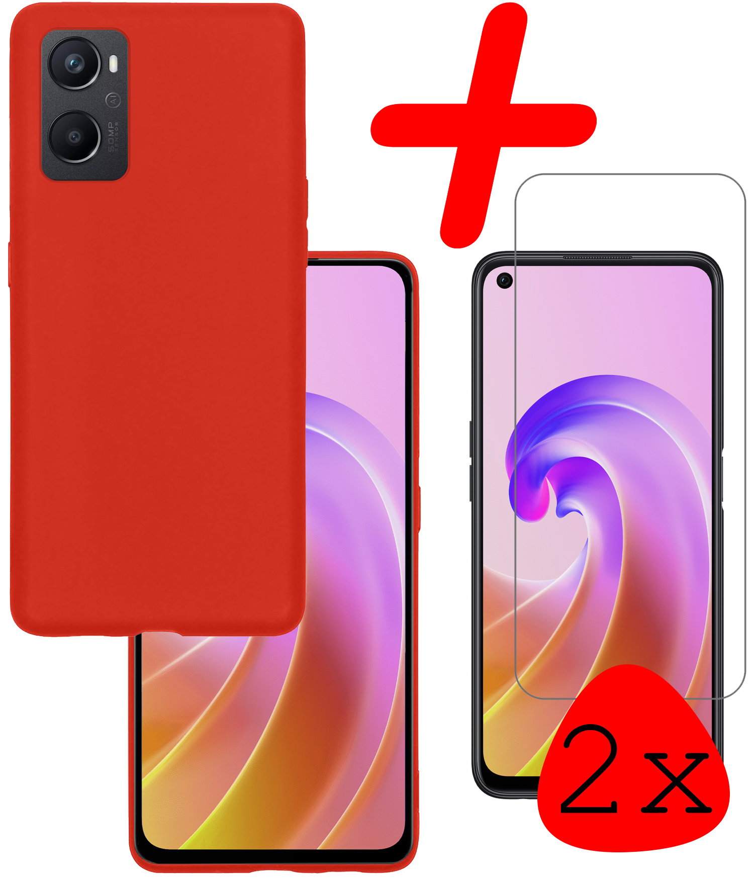 BASEY. Hoes Geschikt voor OPPO A76 Hoesje Siliconen Back Cover Case Met 2x Screenprotector - Hoesje Geschikt voor OPPO A76 Hoes Cover Hoesje - Rood