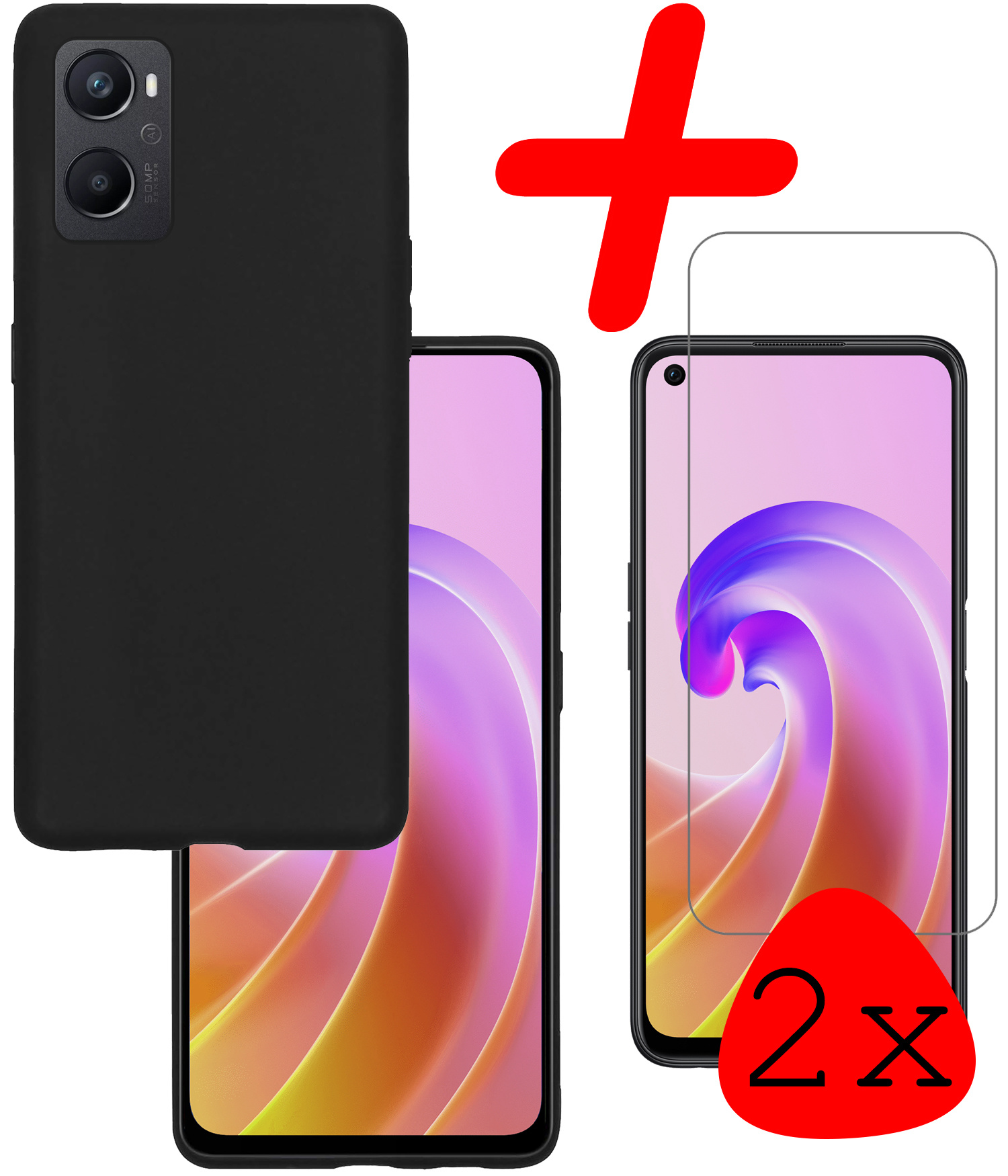 BASEY. Hoes Geschikt voor OPPO A76 Hoesje Siliconen Back Cover Case Met 2x Screenprotector - Hoesje Geschikt voor OPPO A76 Hoes Cover Hoesje - Zwart
