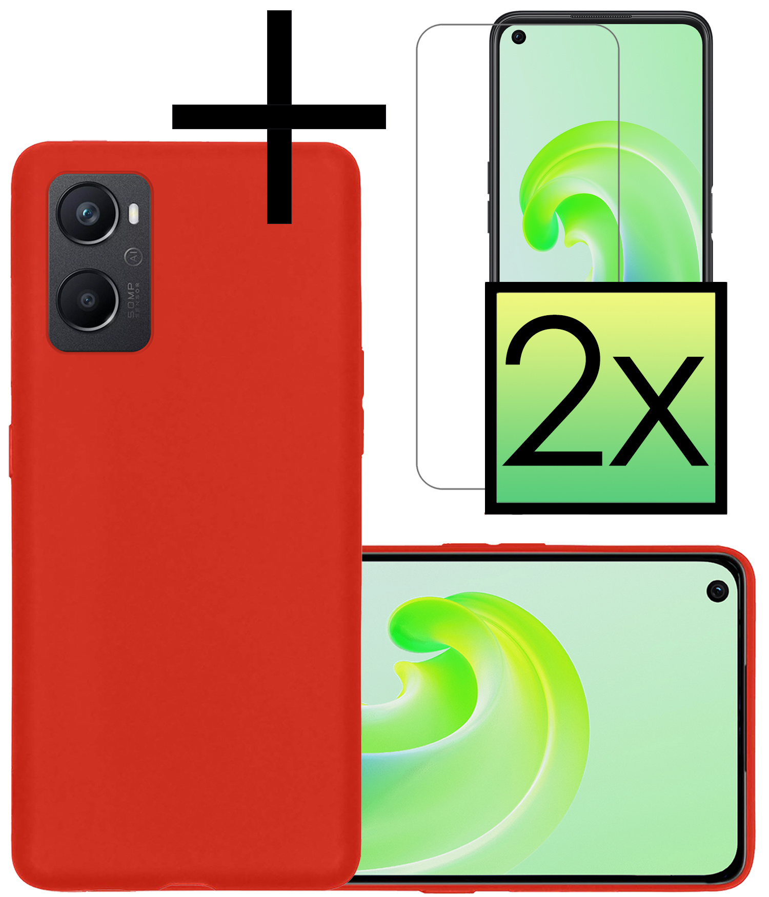 NoXx Hoes Geschikt voor OPPO A76 Hoesje Cover Siliconen Back Case Hoes Met 2x Screenprotector - Rood