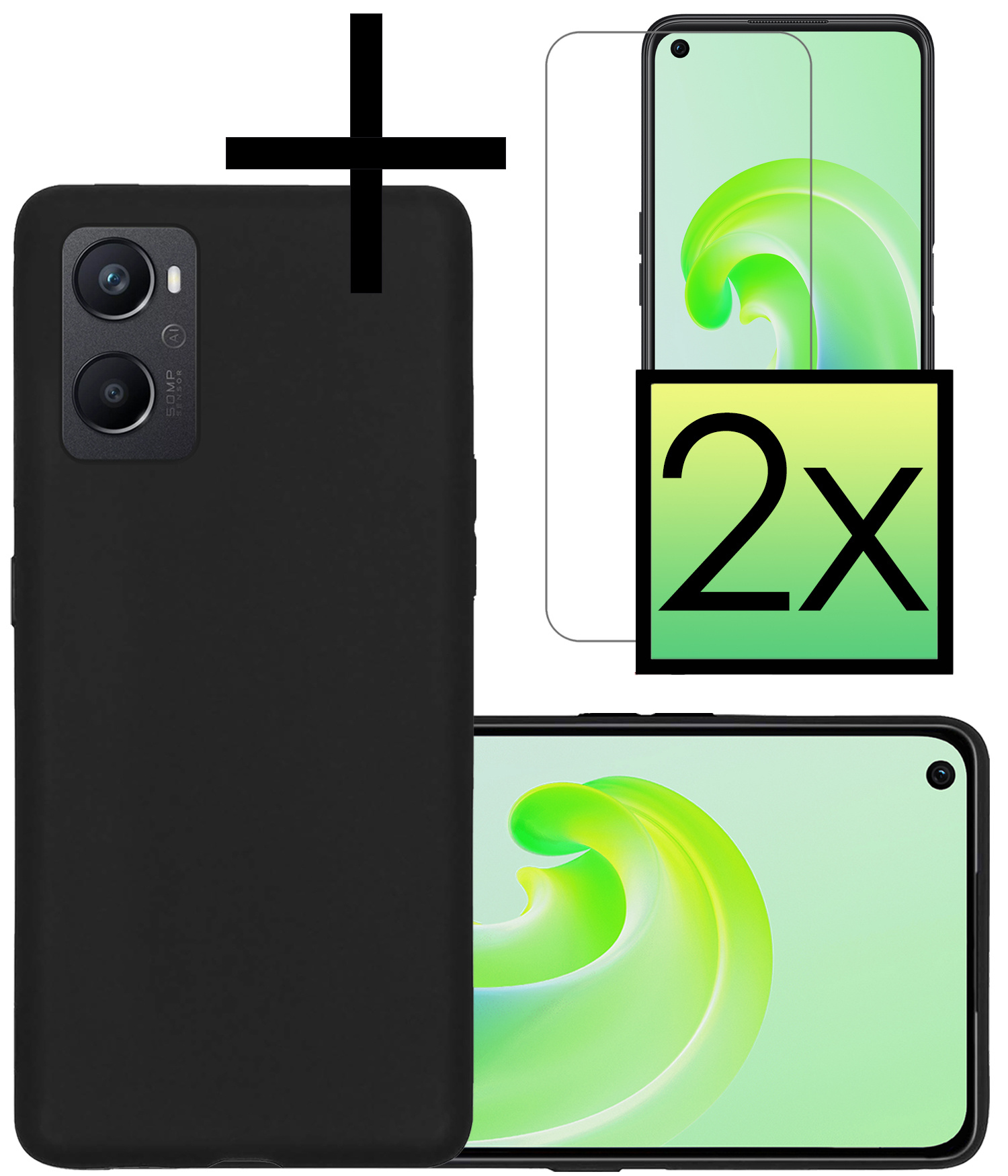 NoXx Hoes Geschikt voor OPPO A76 Hoesje Cover Siliconen Back Case Hoes Met 2x Screenprotector - Zwart
