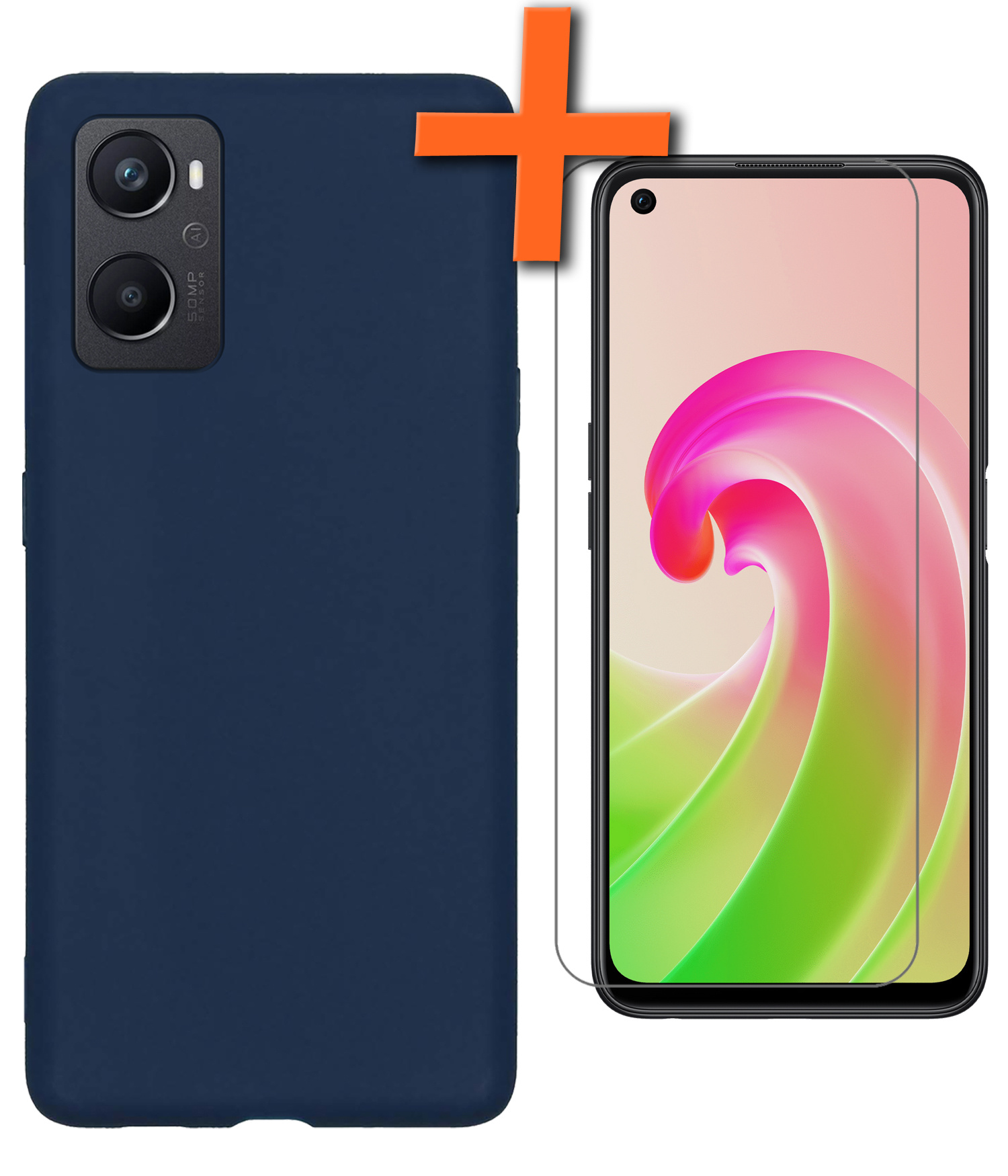 Nomfy Hoesje Geschikt voor OPPO A76 Hoesje Siliconen Cover Case Met Screenprotector - Hoes Geschikt voor OPPO A76 Hoes Back Case - Donkerblauw