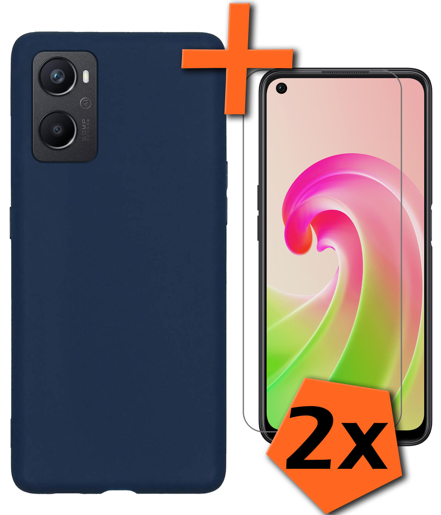 Nomfy Hoesje Geschikt voor OPPO A76 Hoesje Siliconen Cover Case Met 2x Screenprotector - Hoes Geschikt voor OPPO A76 Hoes Back Case - Donkerblauw