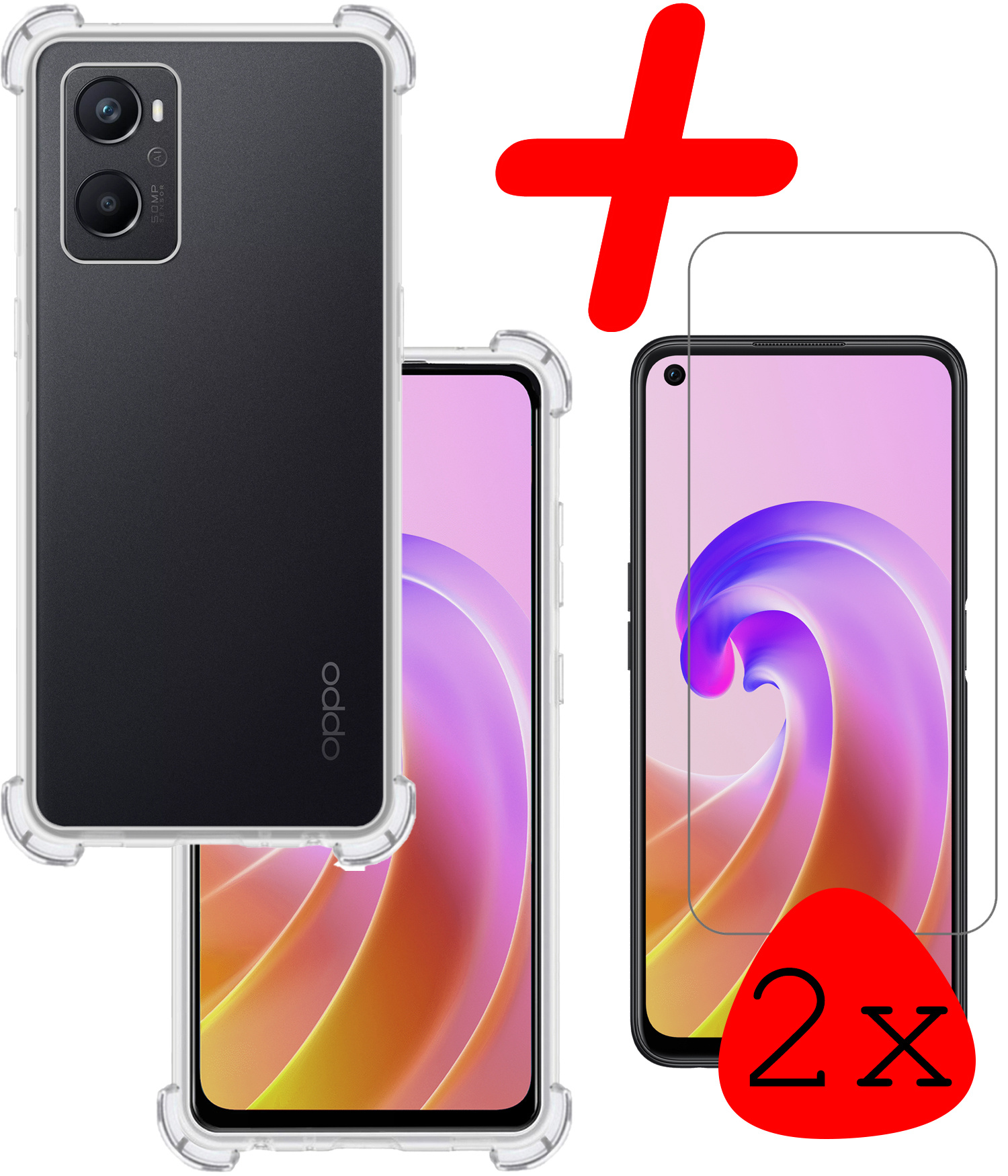 OPPO A96 Hoesje Shock Proof Met 2x Screenprotector Tempered Glass - OPPO A96 Screen Protector Beschermglas Hoes Shockproof - Transparant