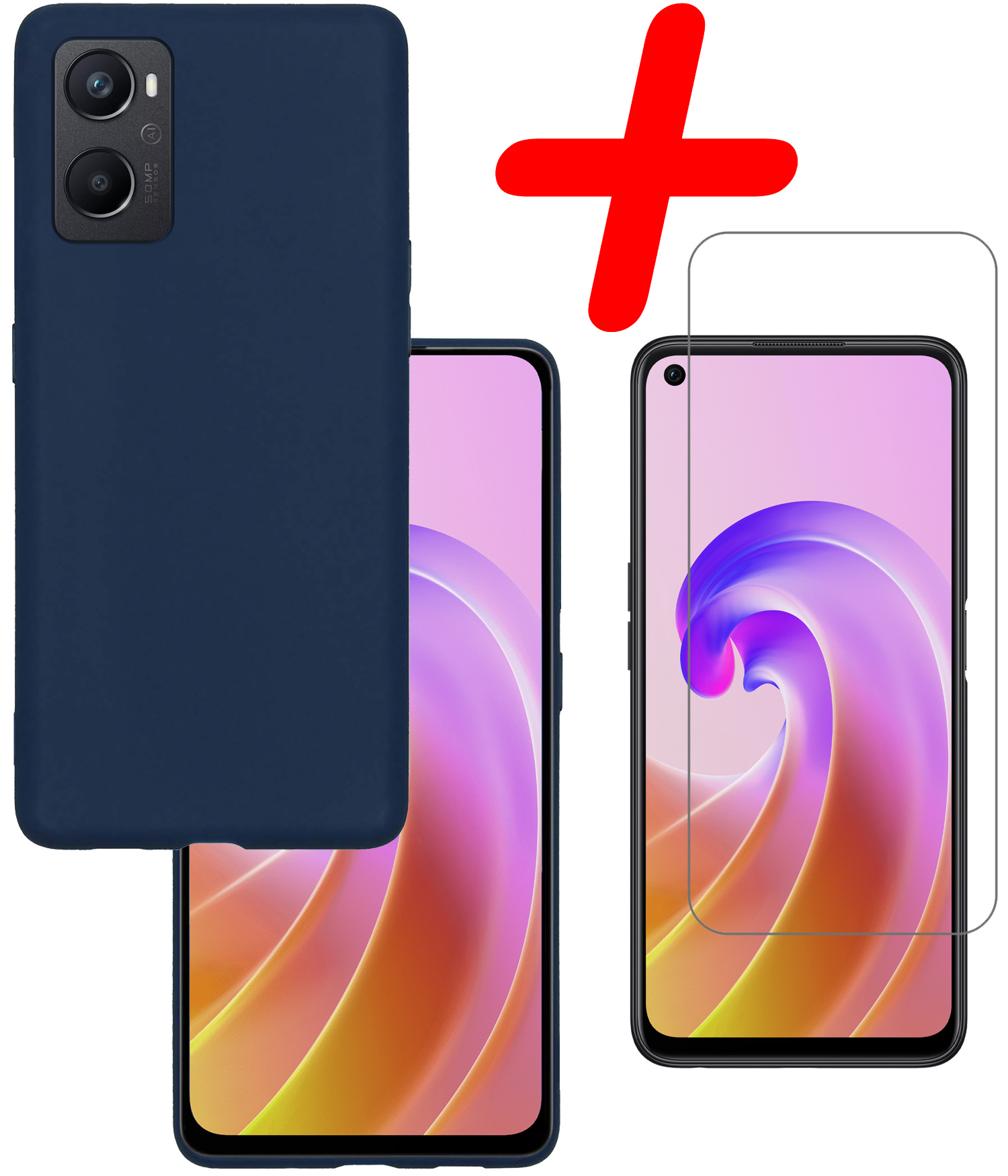 BASEY. Hoes Geschikt voor OPPO A96 Hoesje Siliconen Back Cover Case Met Screenprotector - Hoesje Geschikt voor OPPO A96 Hoes Cover Hoesje - Donkerblauw