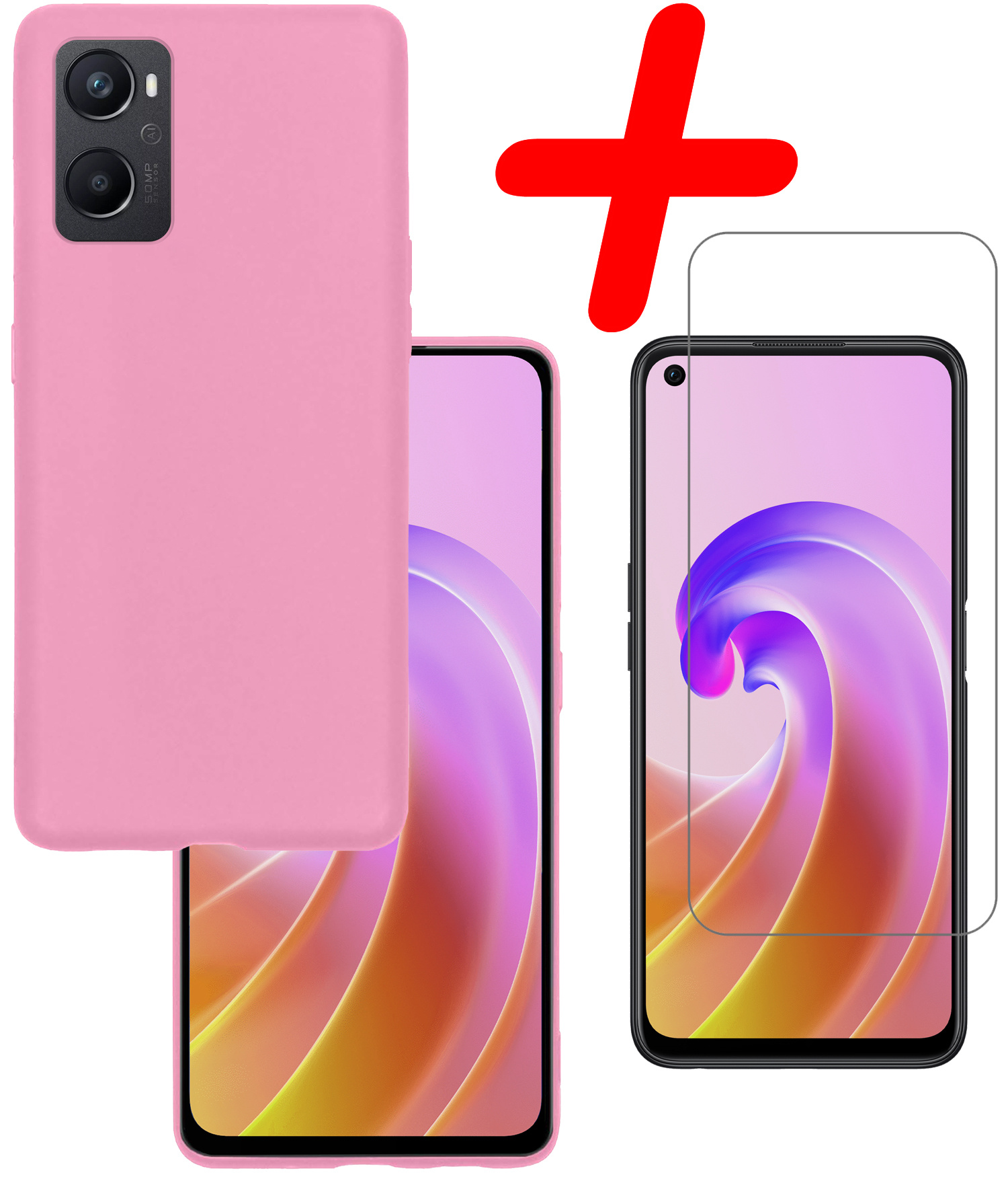 BASEY. Hoes Geschikt voor OPPO A96 Hoesje Siliconen Back Cover Case Met Screenprotector - Hoesje Geschikt voor OPPO A96 Hoes Cover Hoesje - Lichtroze