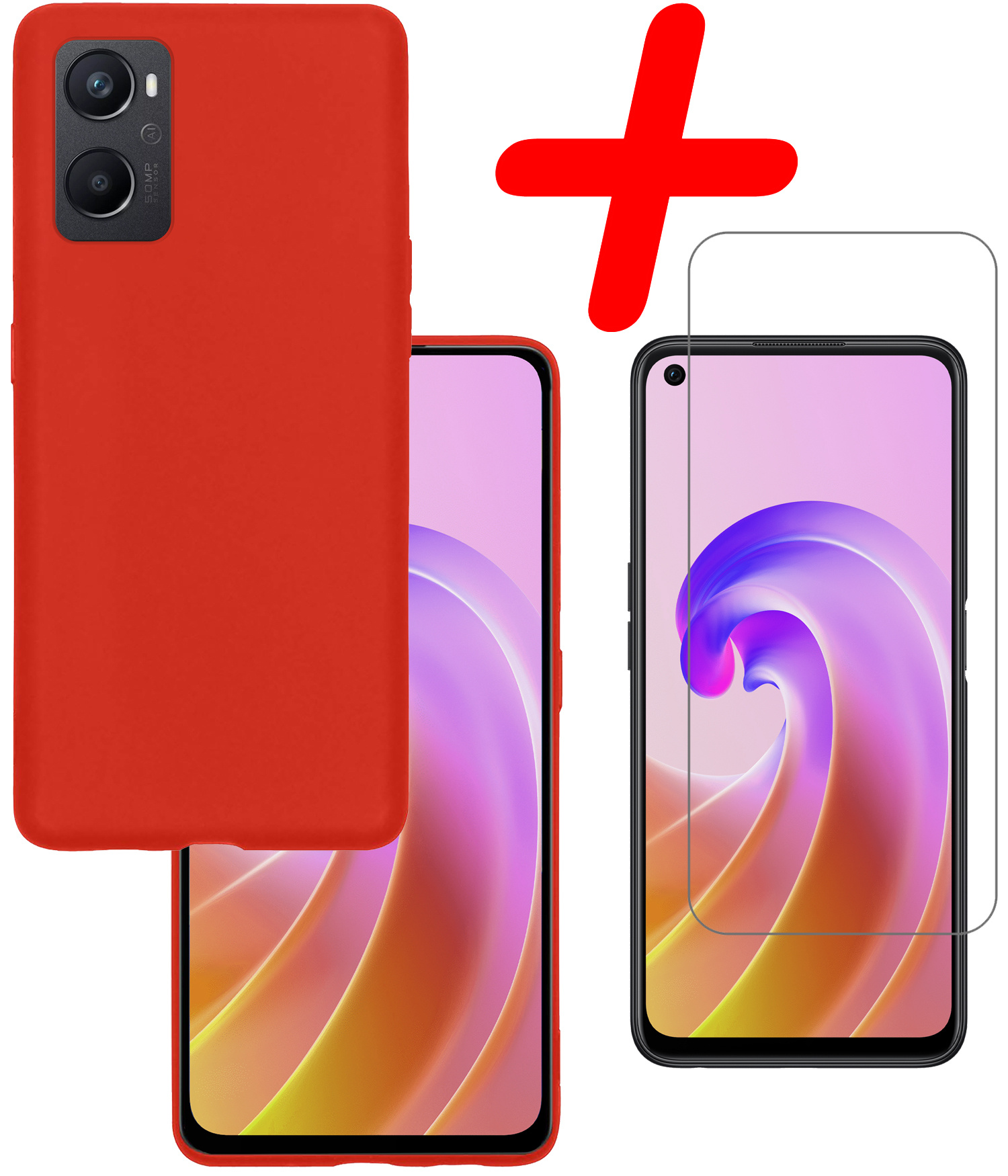 BASEY. Hoes Geschikt voor OPPO A96 Hoesje Siliconen Back Cover Case Met Screenprotector - Hoesje Geschikt voor OPPO A96 Hoes Cover Hoesje - Rood