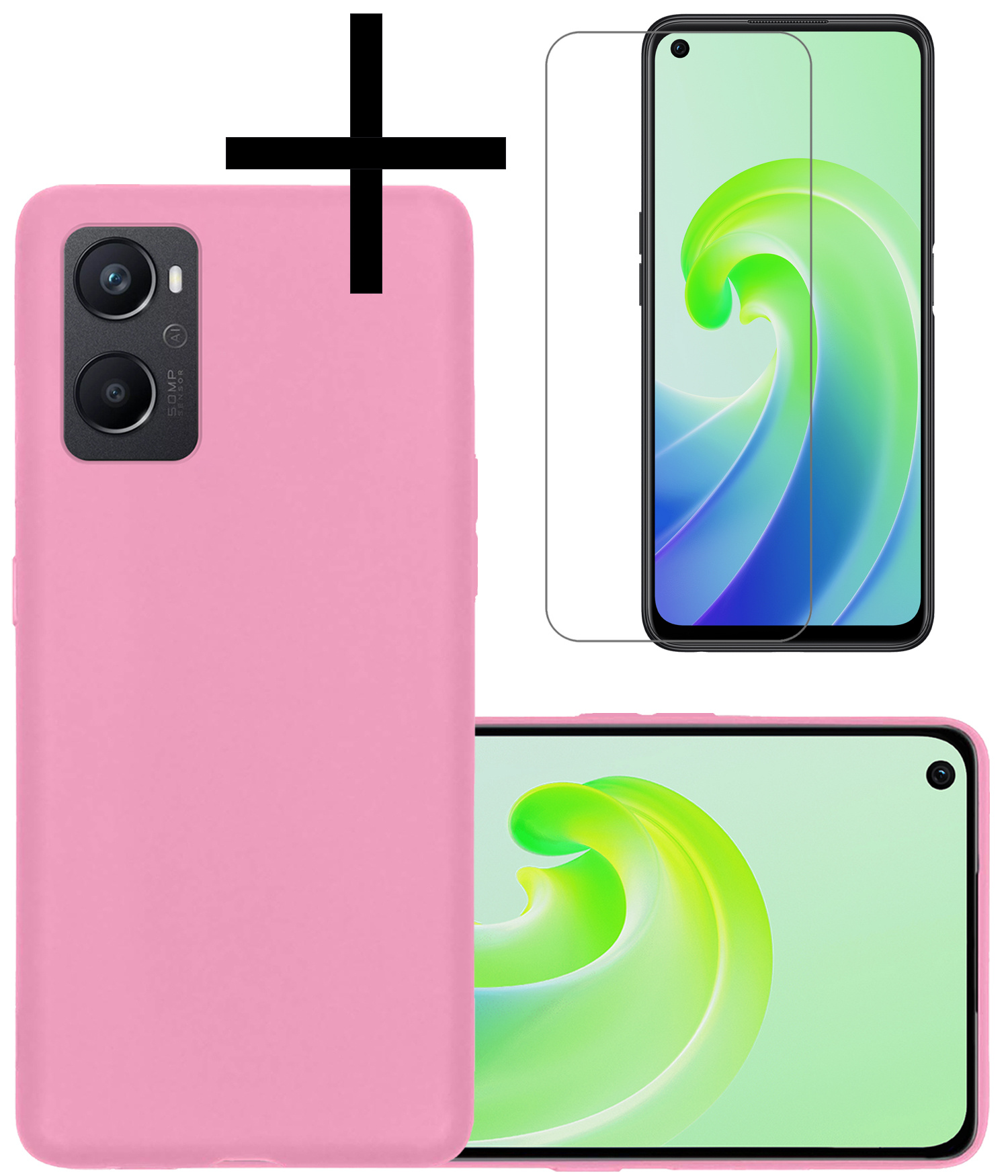 OPPO A96 Hoesje Back Cover Siliconen Case Hoes Met Screenprotector - Lichtroze