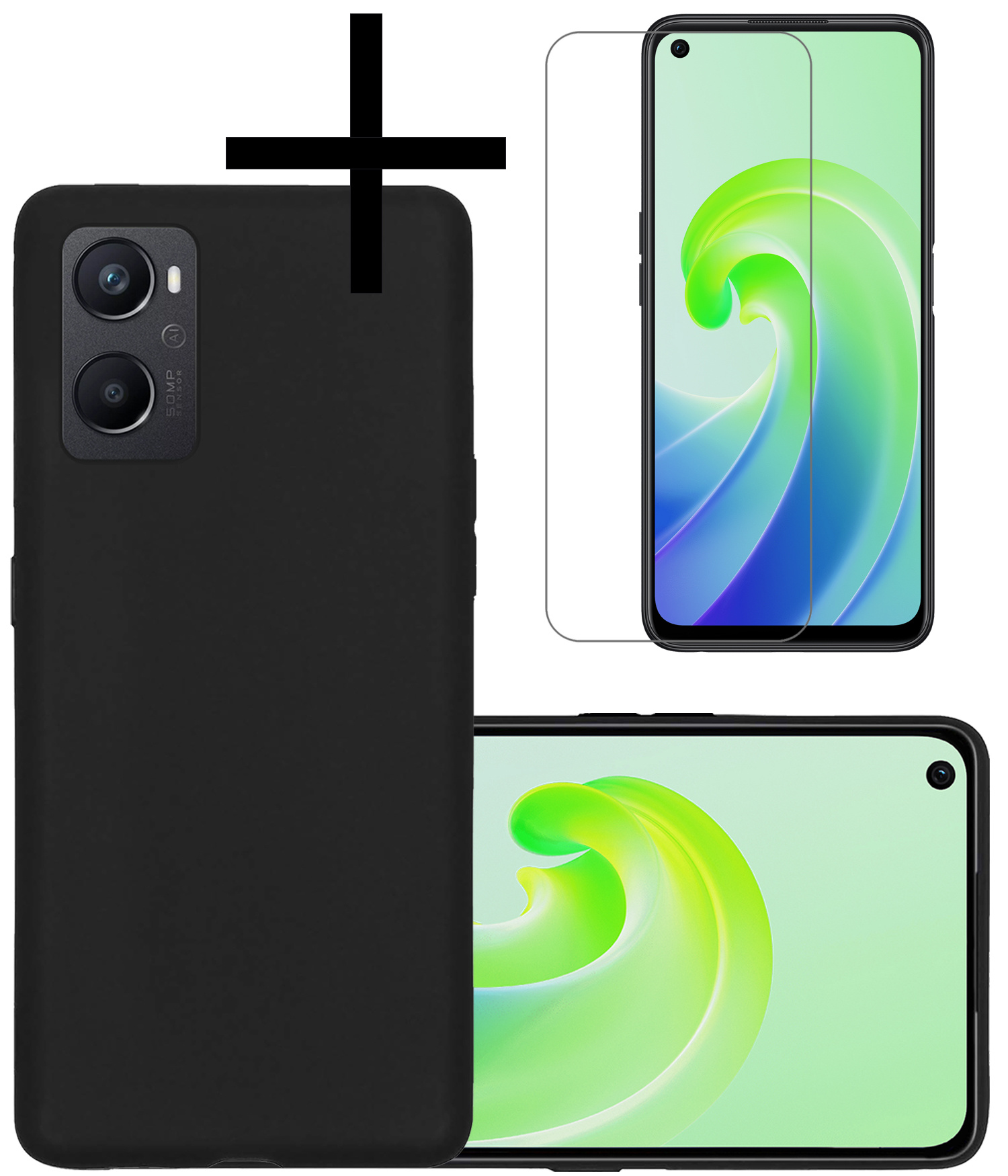 NoXx Hoes Geschikt voor OPPO A96 Hoesje Cover Siliconen Back Case Hoes Met Screenprotector - Zwart
