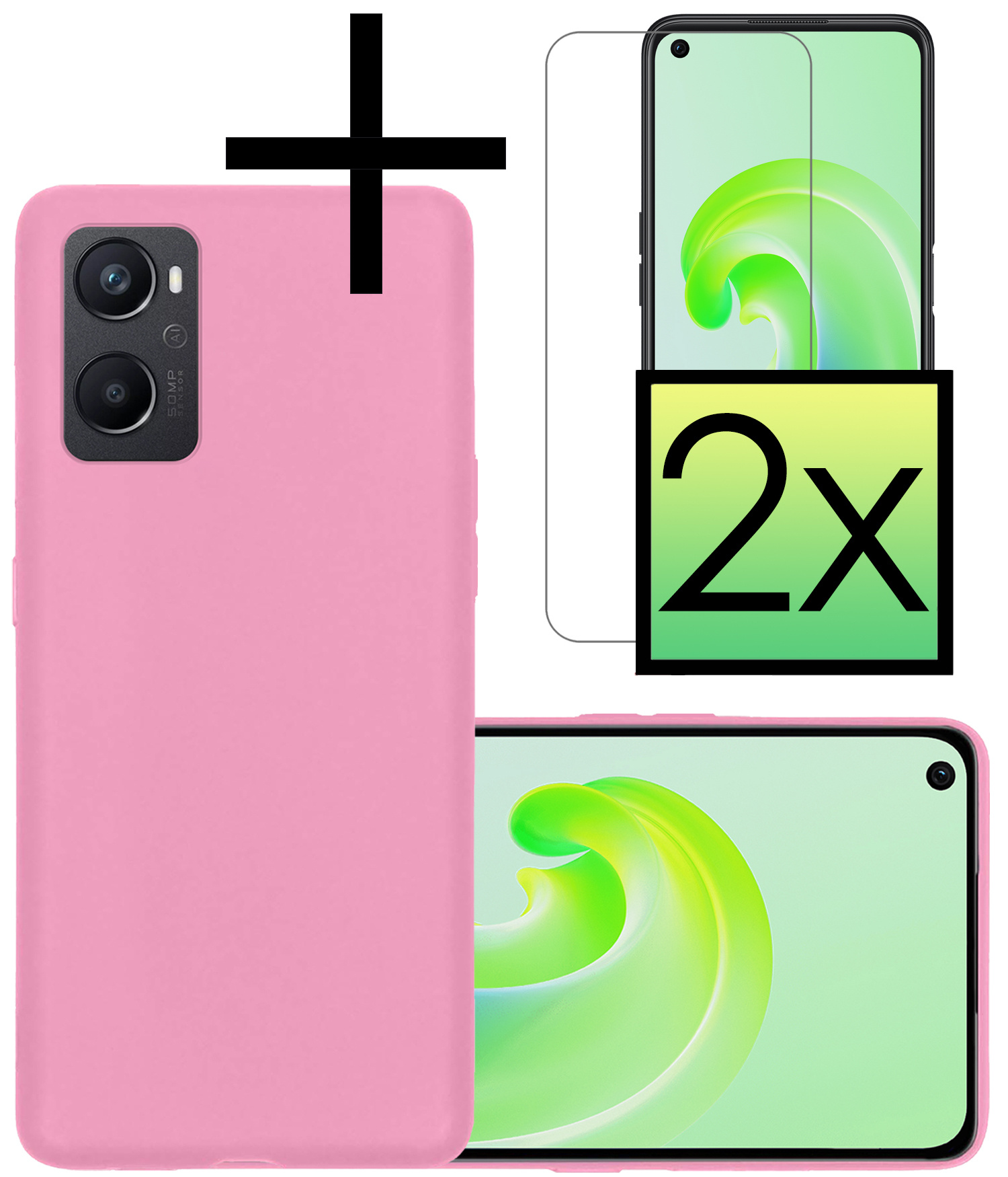 OPPO A96 Hoesje Back Cover Siliconen Case Hoes Met 2x Screenprotector - Lichtroze