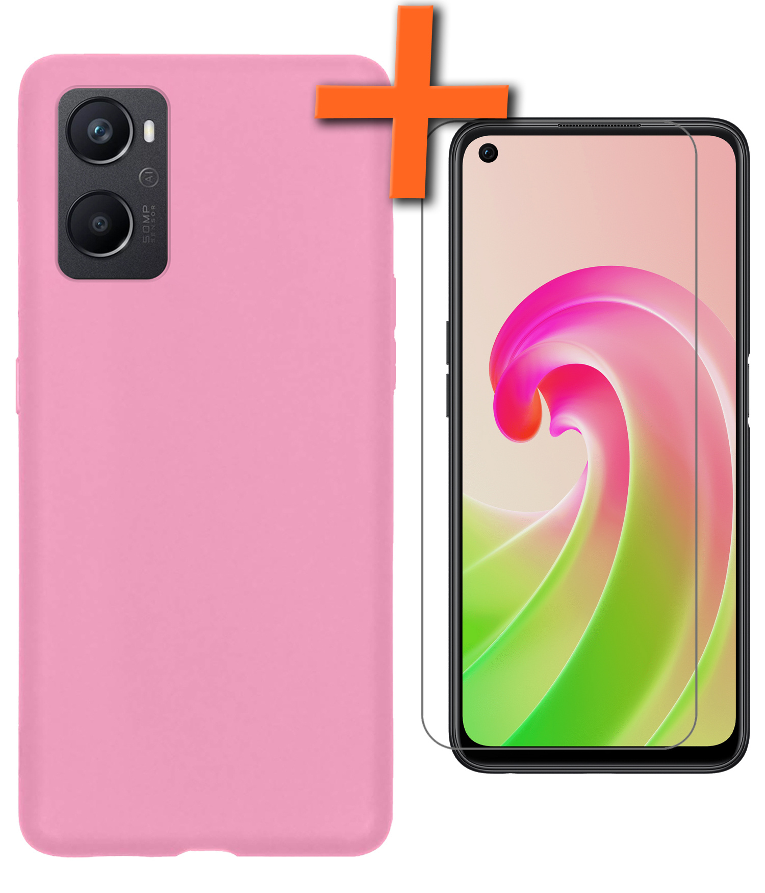 Nomfy Hoesje Geschikt voor OPPO A96 Hoesje Siliconen Cover Case Met Screenprotector - Hoes Geschikt voor OPPO A96 Hoes Back Case - Lichtroze