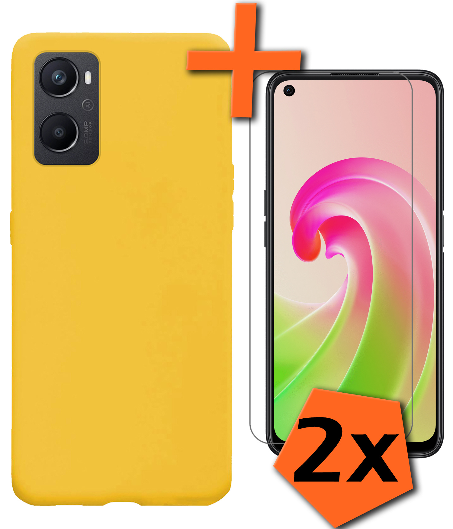 Nomfy Hoesje Geschikt voor OPPO A96 Hoesje Siliconen Cover Case Met 2x Screenprotector - Hoes Geschikt voor OPPO A96 Hoes Back Case - Geel