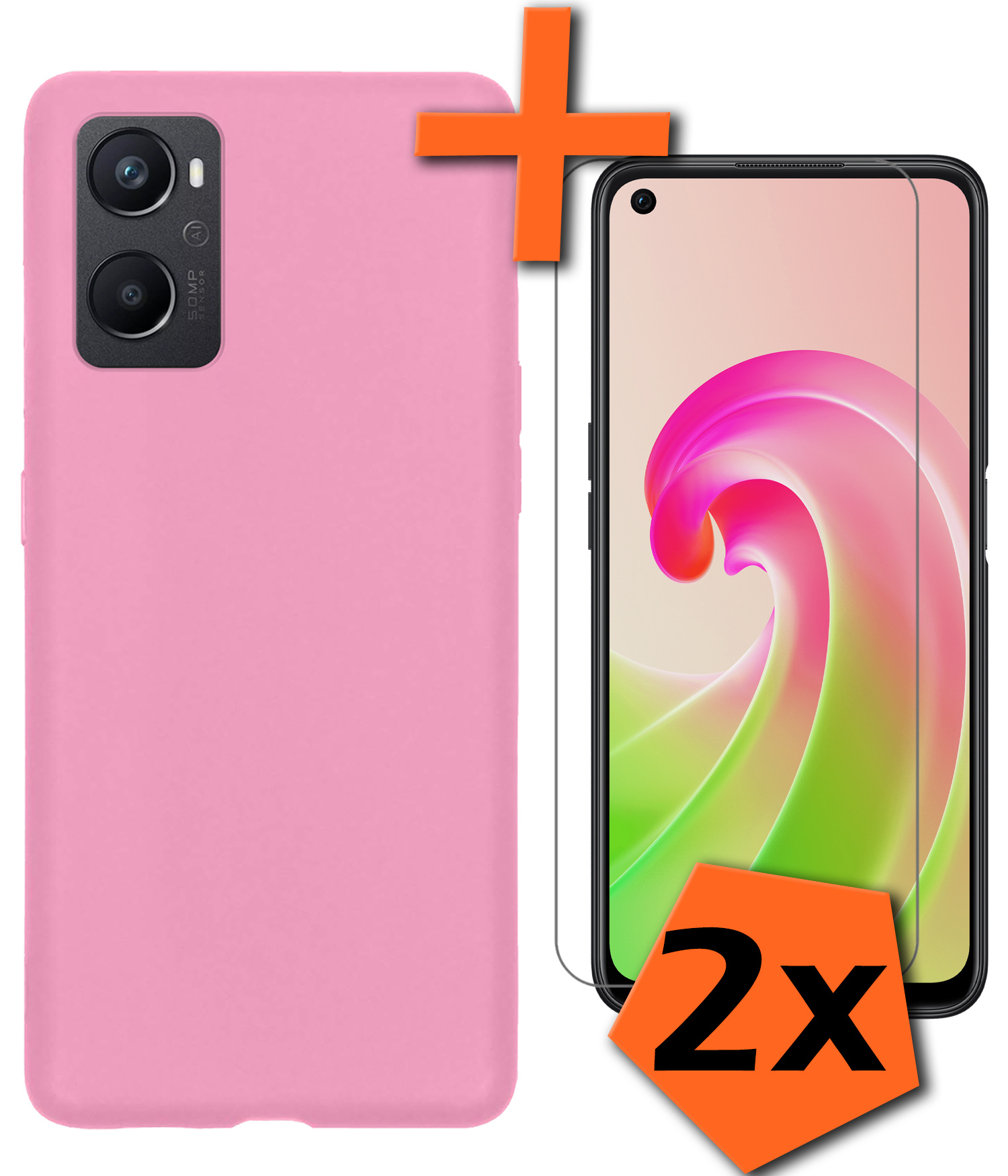 Nomfy Hoesje Geschikt voor OPPO A96 Hoesje Siliconen Cover Case Met 2x Screenprotector - Hoes Geschikt voor OPPO A96 Hoes Back Case - Lichtroze