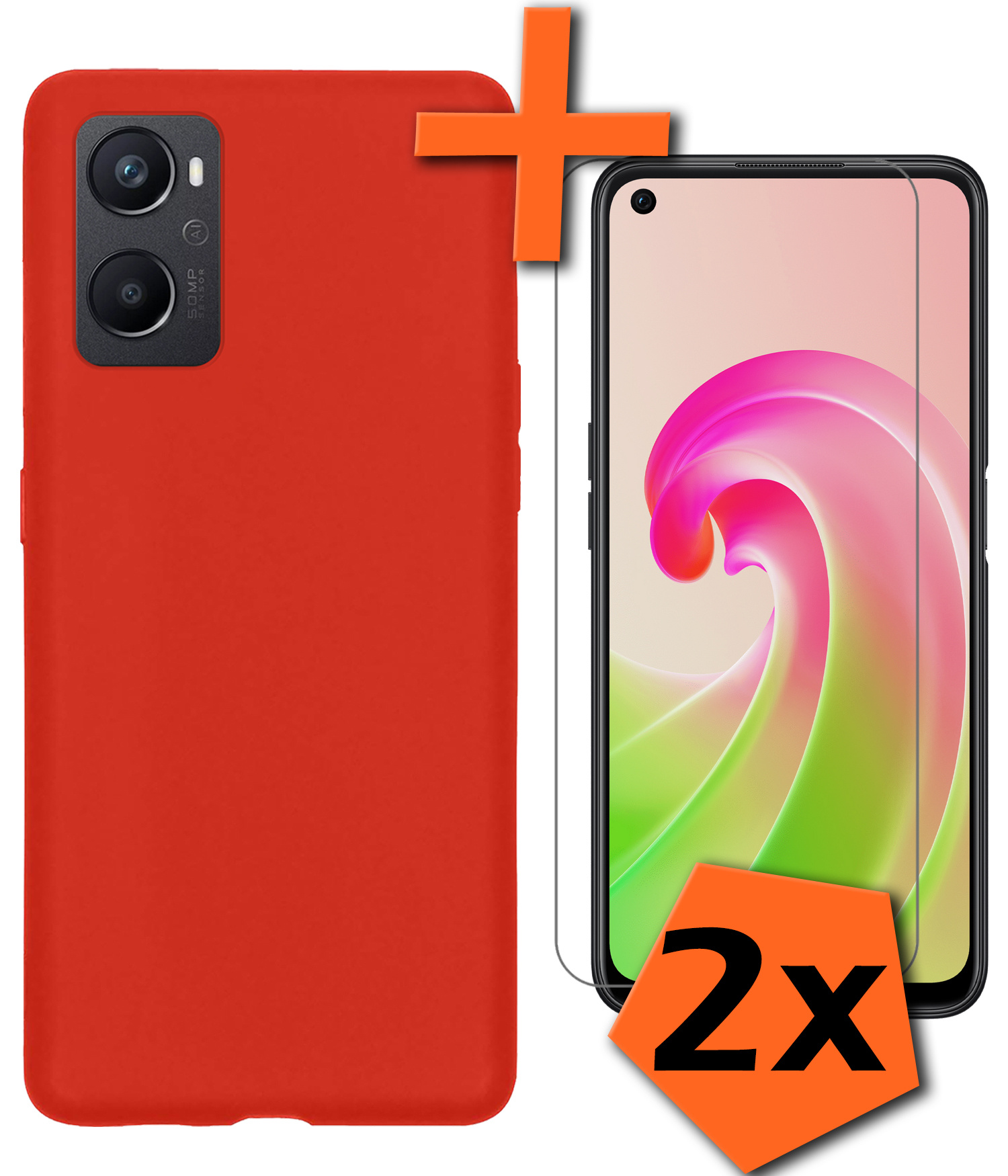 Nomfy Hoesje Geschikt voor OPPO A96 Hoesje Siliconen Cover Case Met 2x Screenprotector - Hoes Geschikt voor OPPO A96 Hoes Back Case - Rood