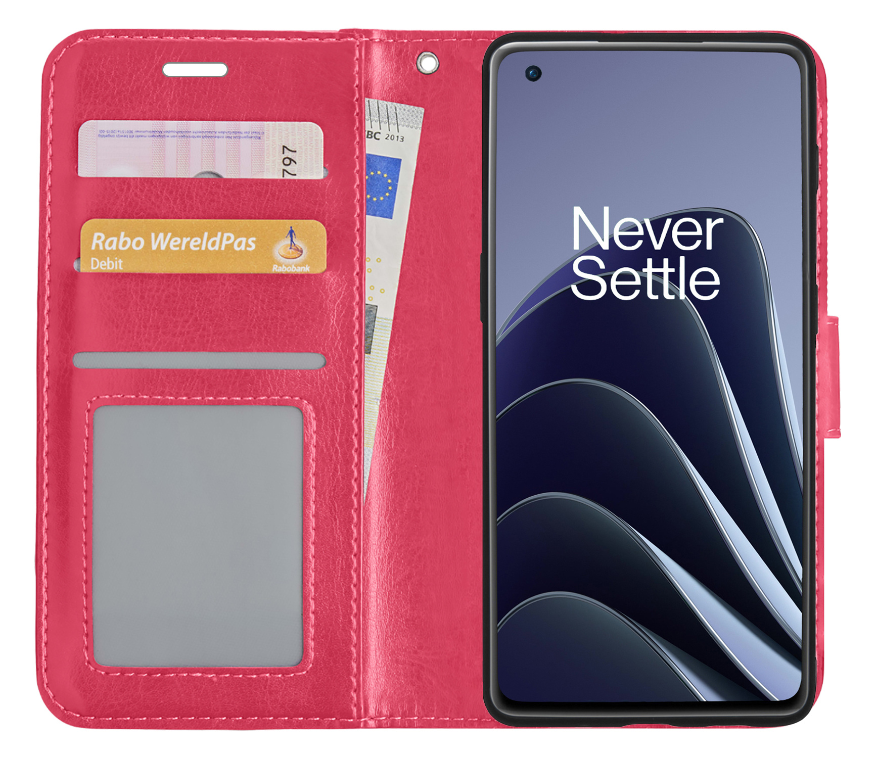 BASEY. Hoes Geschikt voor OnePlus 10 Pro Hoesje Bookcase Hoes Flip Case Book Cover - Hoesje Geschikt voor OnePlus 10 Pro Hoes Book Case Hoesje - Donkerroze