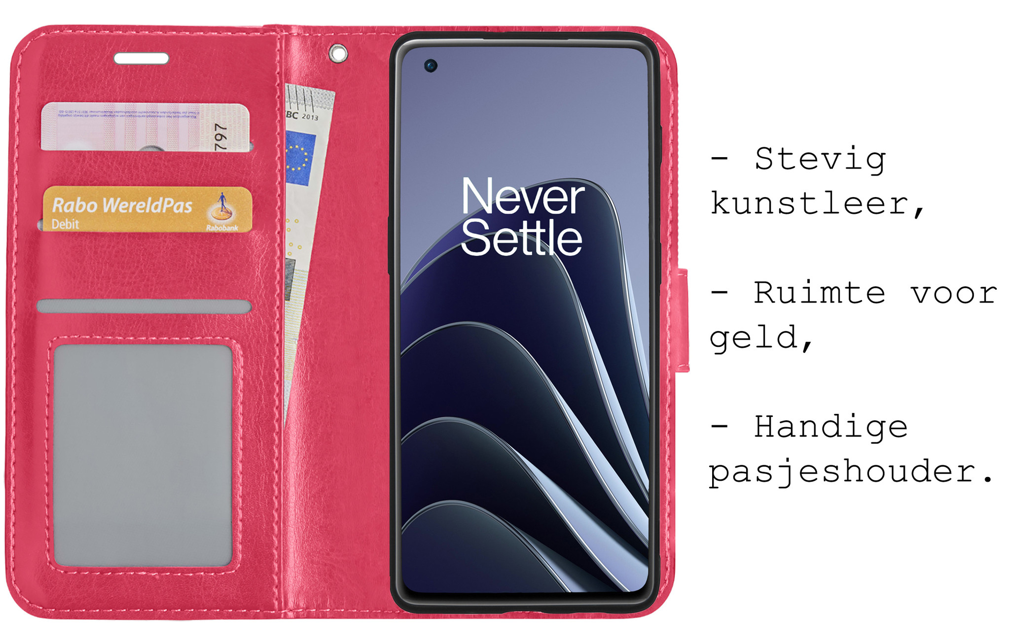 BASEY. Hoes Geschikt voor OnePlus 10 Pro Hoesje Bookcase Hoes Flip Case Book Cover - Hoesje Geschikt voor OnePlus 10 Pro Hoes Book Case Hoesje - Donkerroze