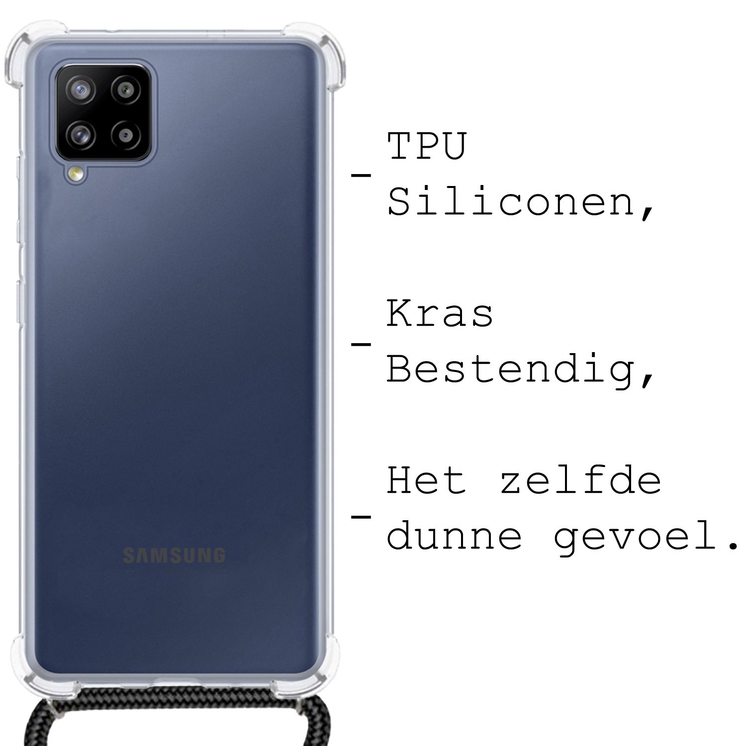 BASEY. Hoes Geschikt voor Samsung A12 Hoesje Shock Proof Case Met Koord Shock Hoes Met Koord - Hoesje Geschikt voor Samsung Galaxy A12 Hoes Cover Met Koord - Transparant