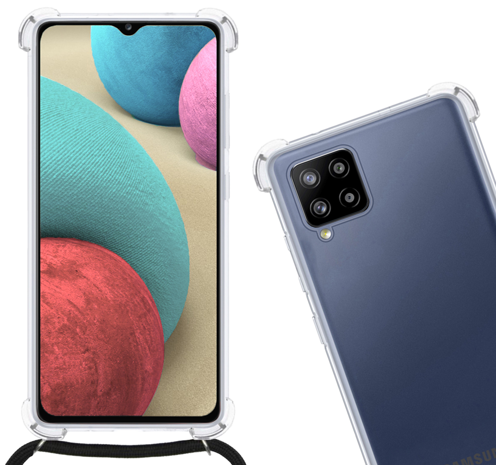 Nomfy Hoesje Geschikt voor Samsung A12 Hoesje Shock Proof Transparant Met Telefoonketting Case Shock Koord - Hoesje Geschikt voor Samsung Galaxy A12 Shock Proof Case Met Koord - Transparant