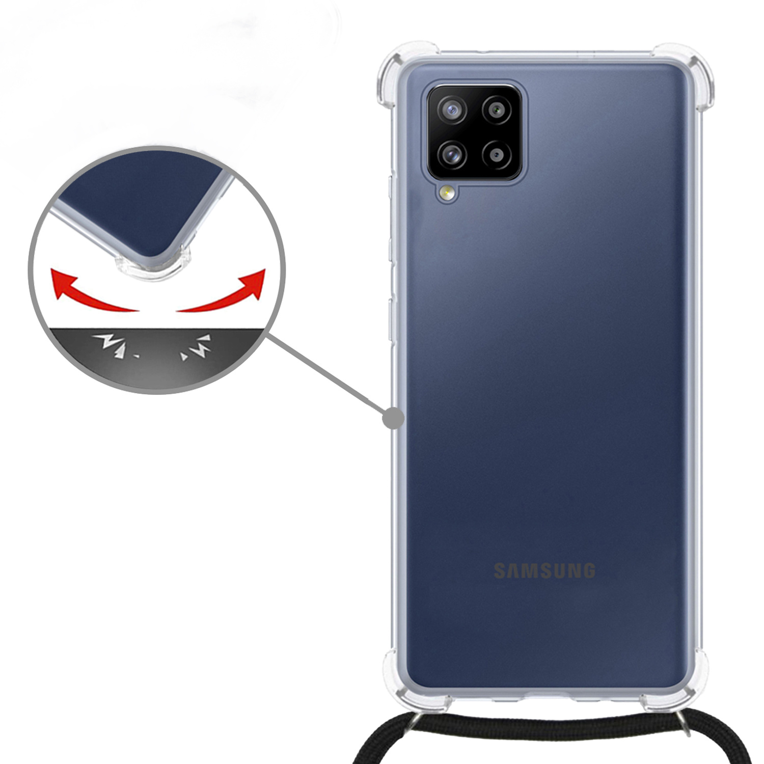 Nomfy Hoesje Geschikt voor Samsung A12 Hoesje Shock Proof Transparant Met Telefoonketting Case Shock Koord - Hoesje Geschikt voor Samsung Galaxy A12 Shock Proof Case Met Koord - Transparant