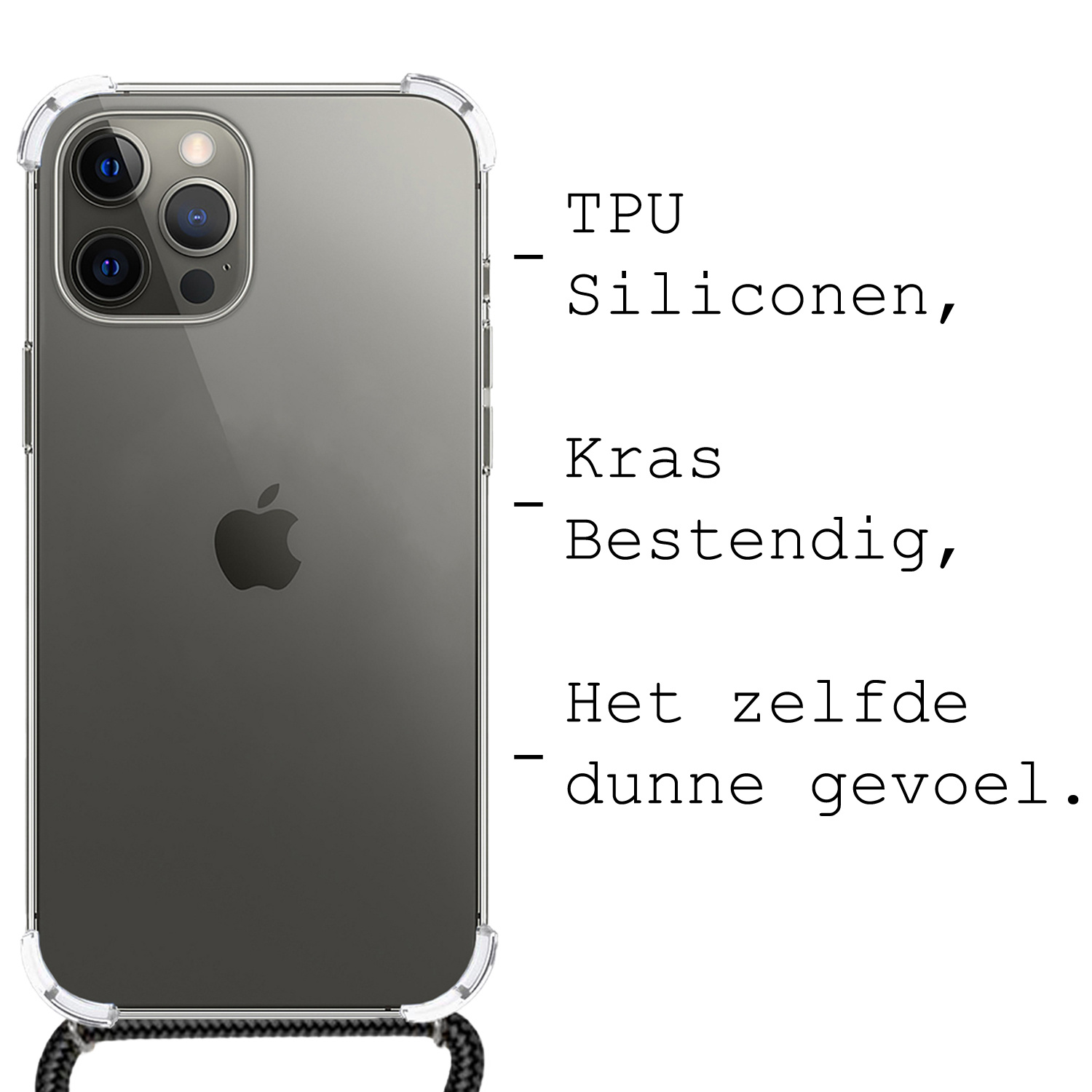 BASEY. Hoes Geschikt voor iPhone 13 Pro Hoesje Shock Proof Case Met Koord Shock Hoes Met Koord - Hoesje Geschikt voor iPhone 13 Pro Hoes Cover Met Koord - Transparant