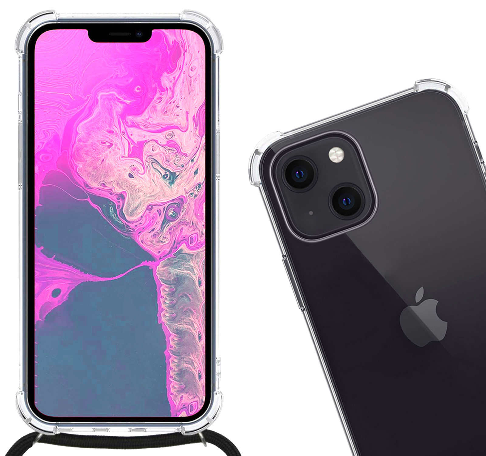Nomfy Hoesje Geschikt voor iPhone 13 Hoesje Shock Proof Transparant Met Telefoonketting Case Shock Koord - Hoesje Geschikt voor iPhone 13 Shock Proof Case Met Koord - Transparant