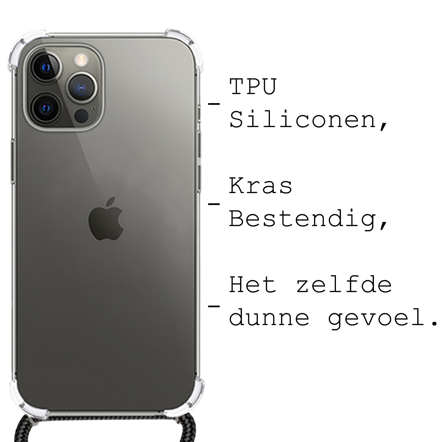 BASEY. Hoes Geschikt voor iPhone 12 Pro Hoesje Shock Proof Case Met Koord Shock Hoes Met Koord - Hoesje Geschikt voor iPhone 12 Pro Hoes Cover Met Koord - Transparant
