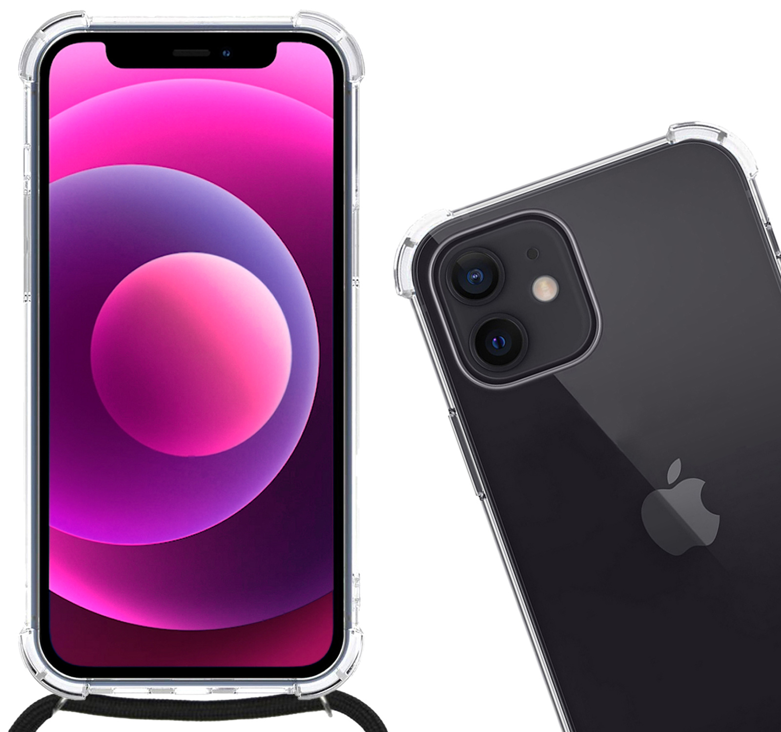 Nomfy Hoesje Geschikt voor iPhone 12 Mini Hoesje Shock Proof Transparant Met Telefoonketting Case Shock Koord - Hoesje Geschikt voor iPhone 12 Mini Shock Proof Case Met Koord - Transparant