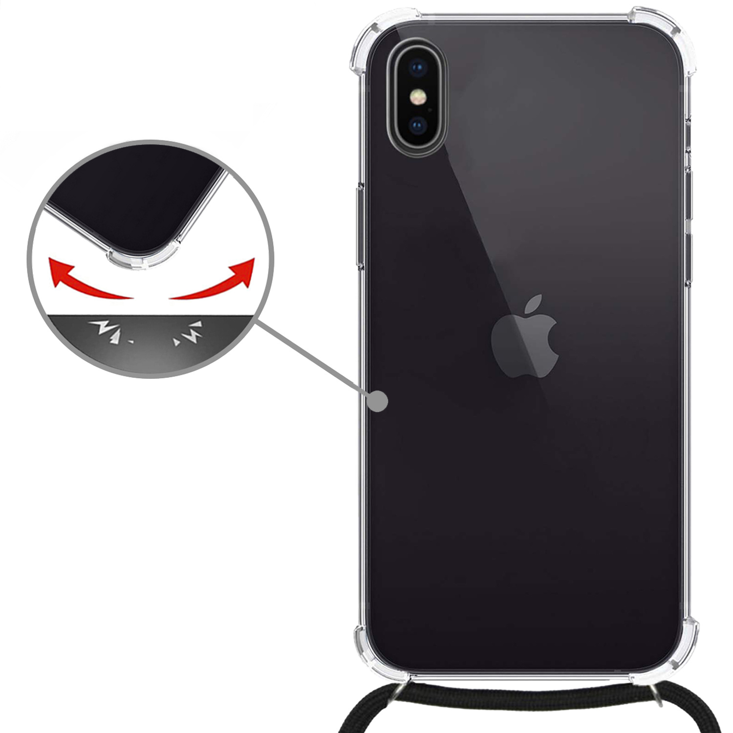 Nomfy Hoesje Geschikt voor iPhone X Hoesje Shock Proof Transparant Met Telefoonketting Case Shock Koord - Hoesje Geschikt voor iPhone X Shock Proof Case Met Koord - Transparant