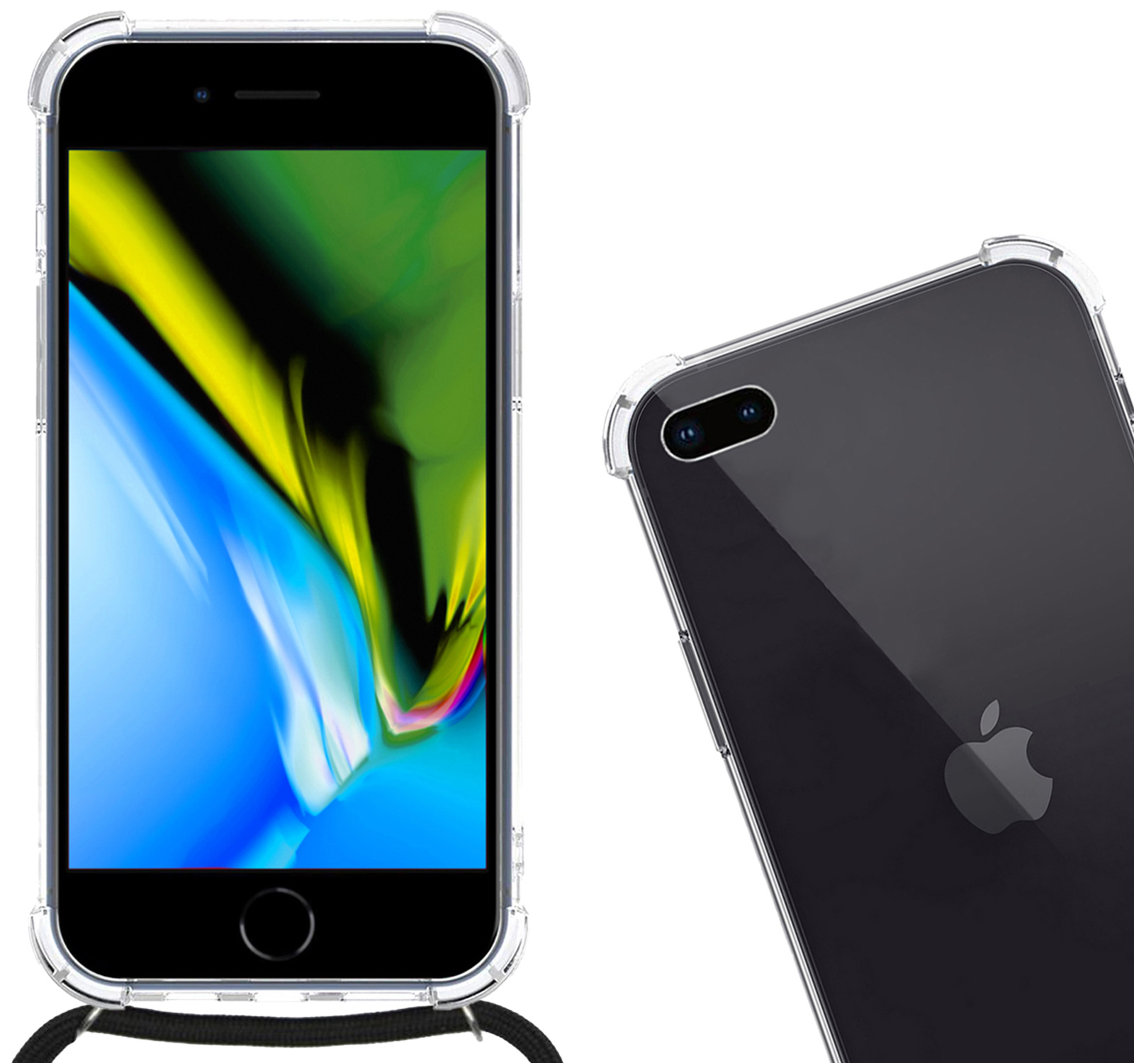 Nomfy Hoesje Geschikt voor iPhone 8 Plus Hoesje Shock Proof Transparant Met Telefoonketting Case Shock Koord - Hoesje Geschikt voor iPhone 8 Plus Shock Proof Case Met Koord - Transparant