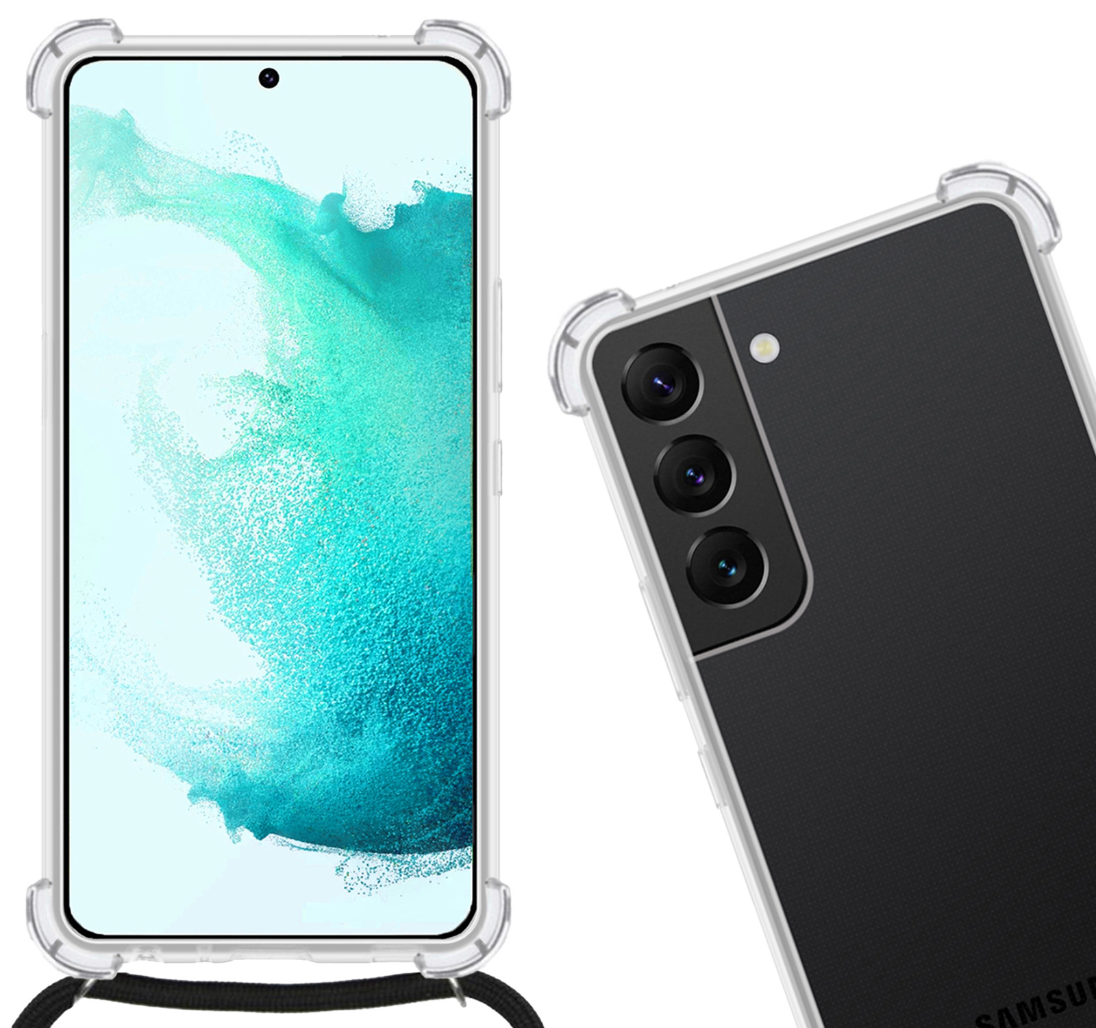 Nomfy Hoesje Geschikt voor Samsung S22 Hoesje Shock Proof Transparant Met Telefoonketting Case Shock Koord - Hoesje Geschikt voor Samsung Galaxy S22 Shock Proof Case Met Koord - Transparant