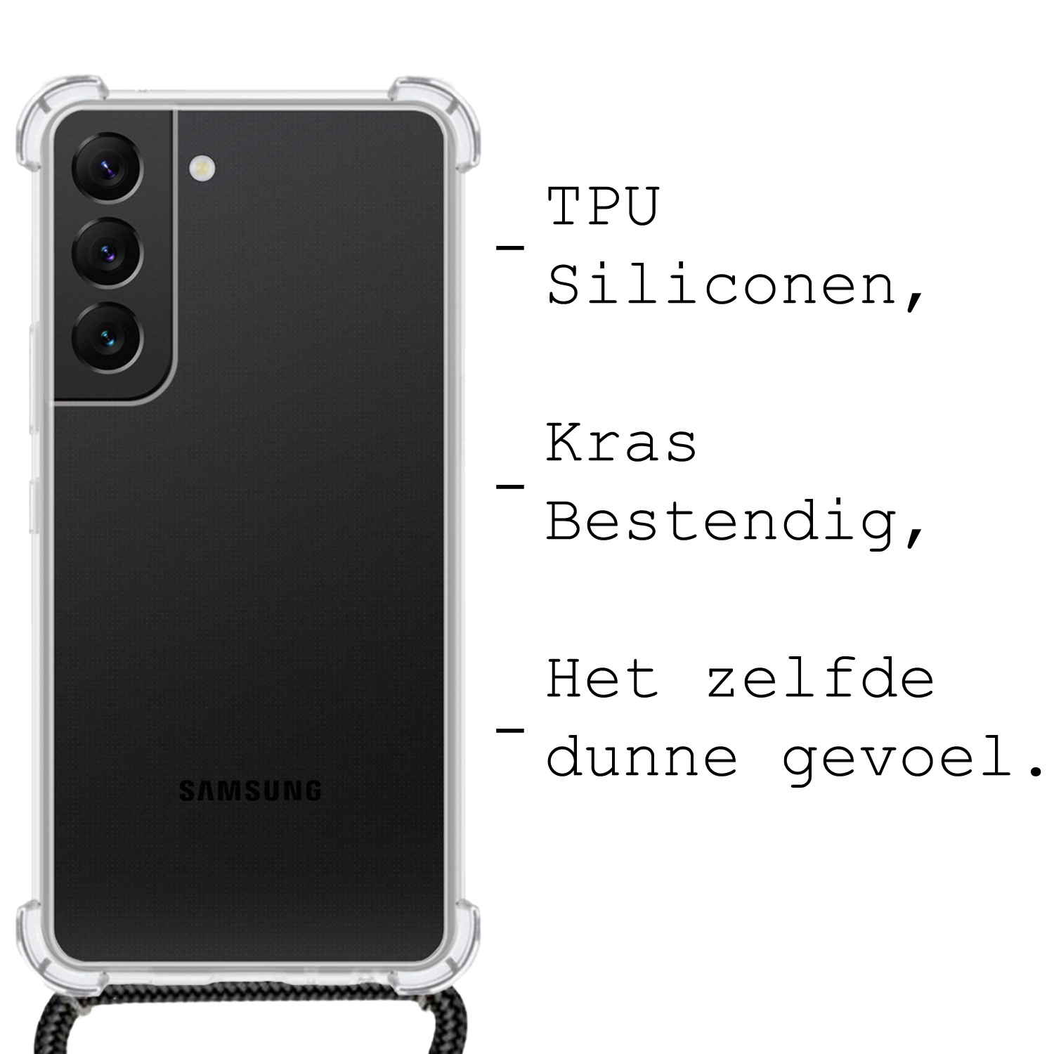 BASEY. Hoes Geschikt voor Samsung S22 Hoesje Shock Proof Case Met Koord Shock Hoes Met Koord - Hoesje Geschikt voor Samsung Galaxy S22 Hoes Cover Met Koord - Transparant